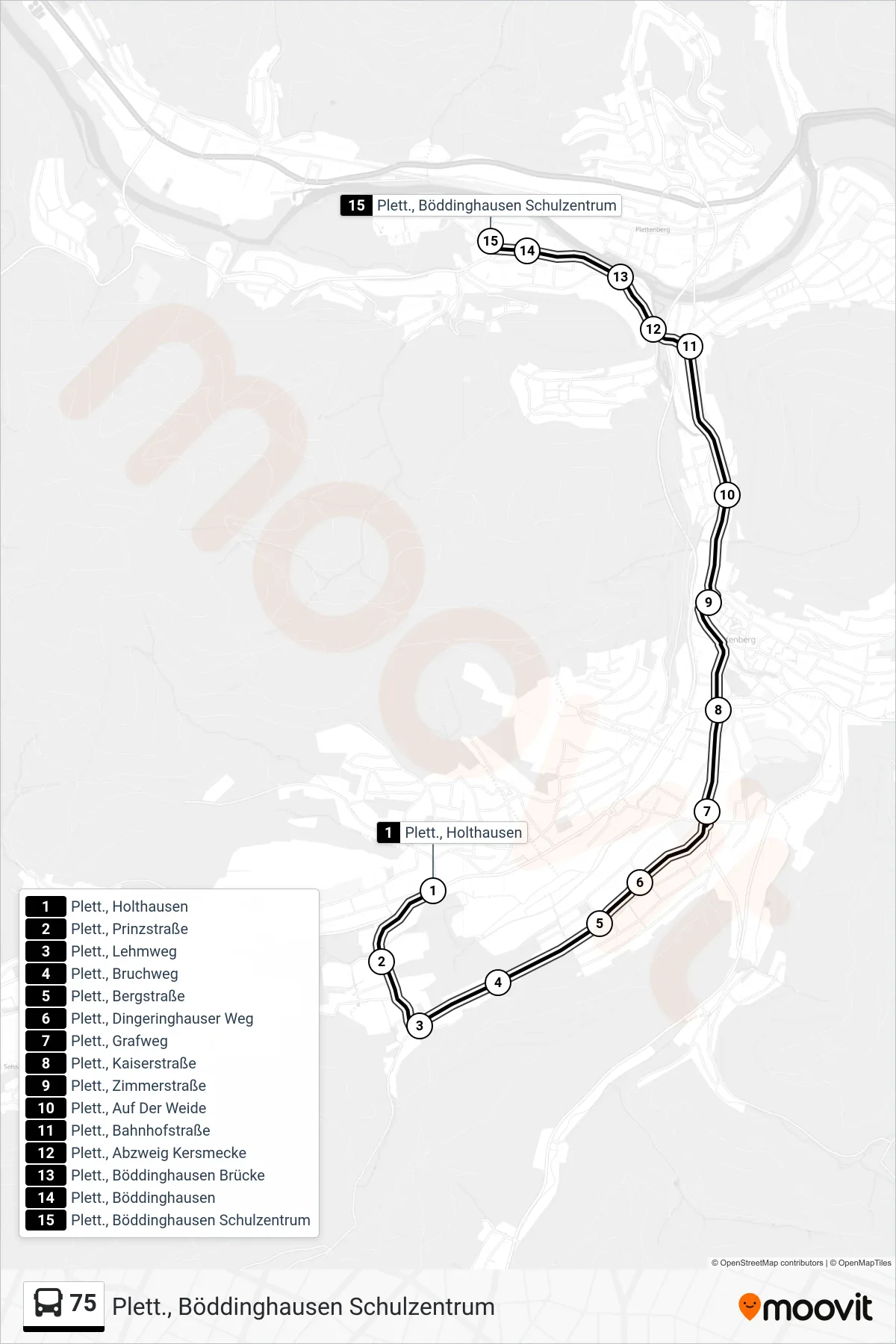 Linie 75 (Bus) Richtung Plett., Böddinghausen Schulzentrum: Route und Haltestellen auf der Karte