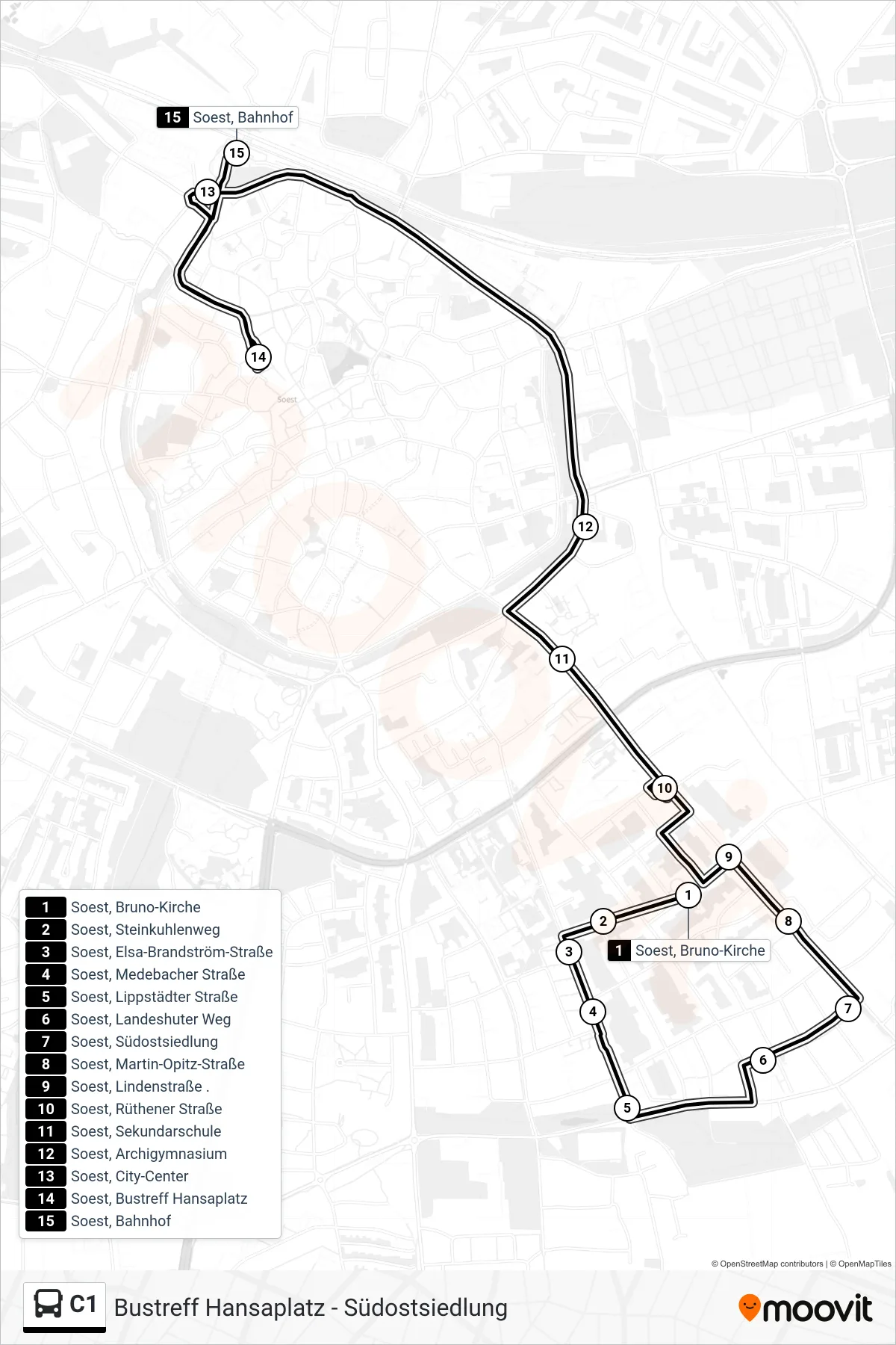 C1 bus Line (Soest, Bahnhof A) route and stops on a map