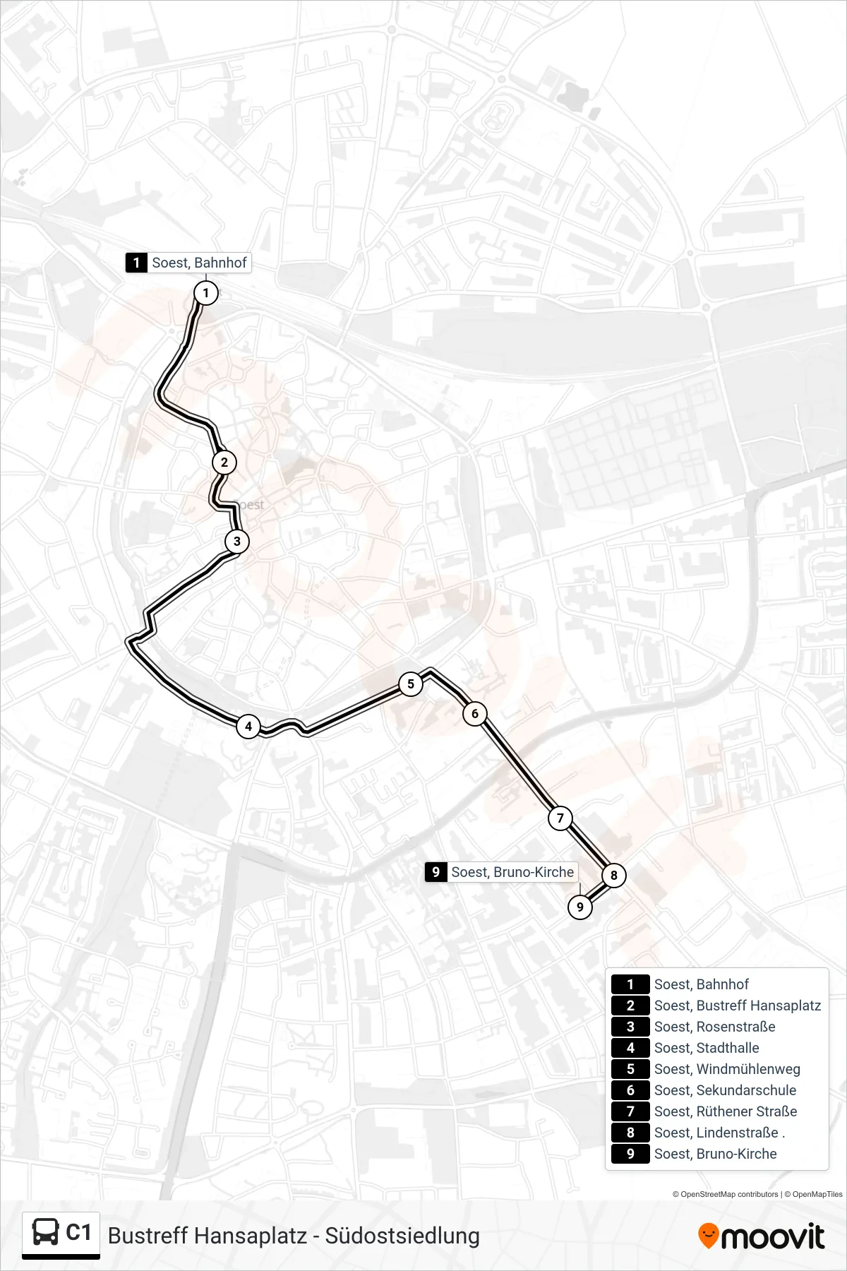C1 bus Line (Soest, Bruno-Kirche) route and stops on a map