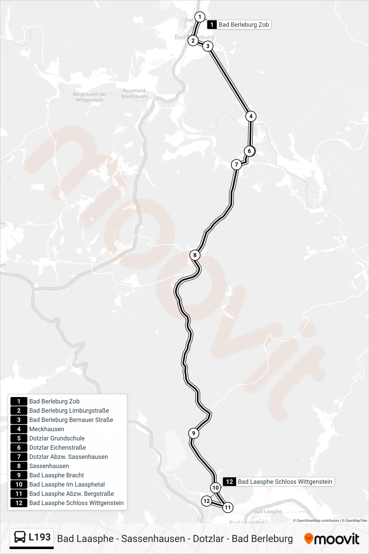 L193 bus Line (Bad Laasphe Schloss Wittgenstein) route and stops on a map