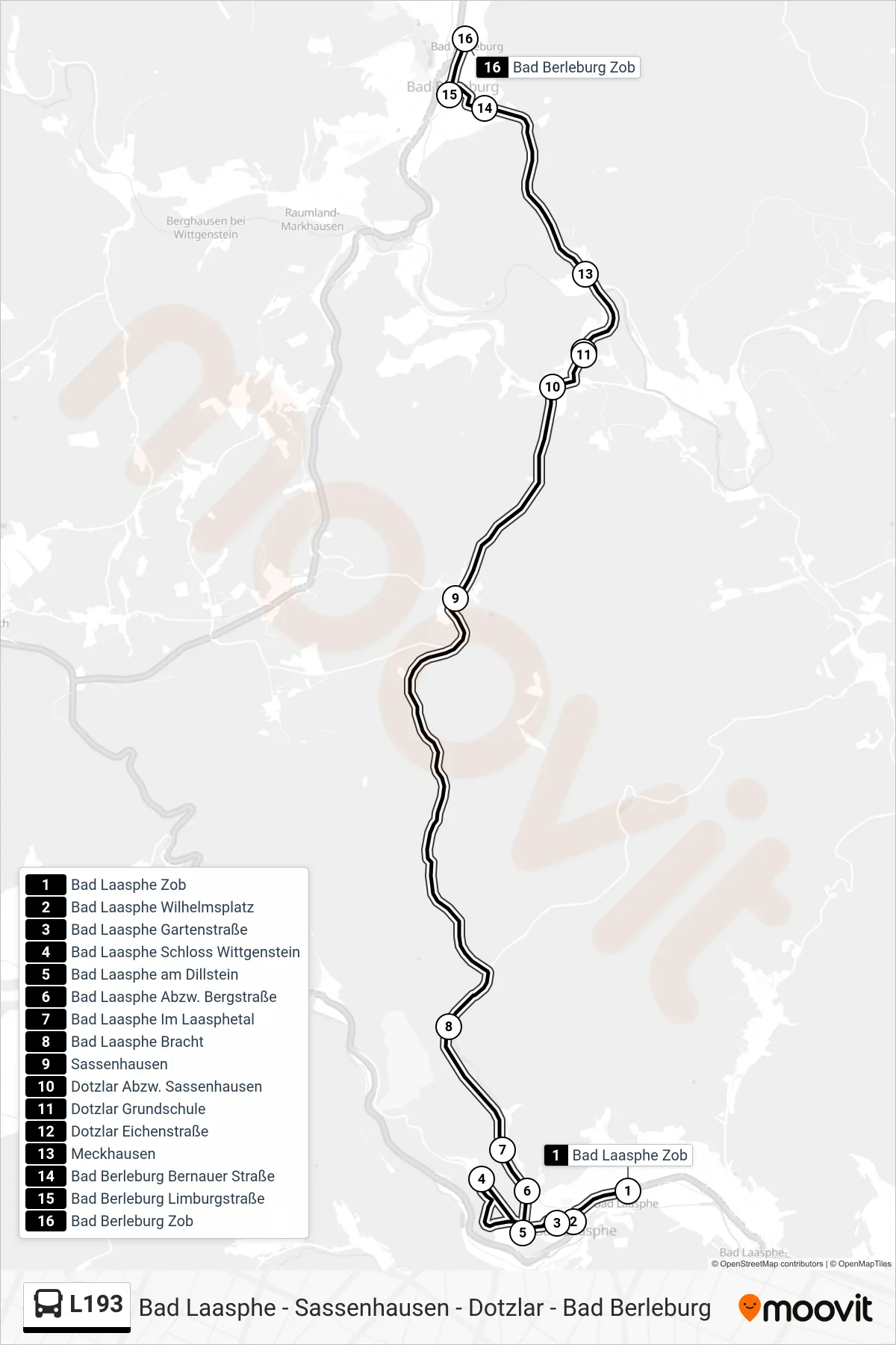 L193 bus Line (Bad Berleburg Zob Bstg 1) route and stops on a map