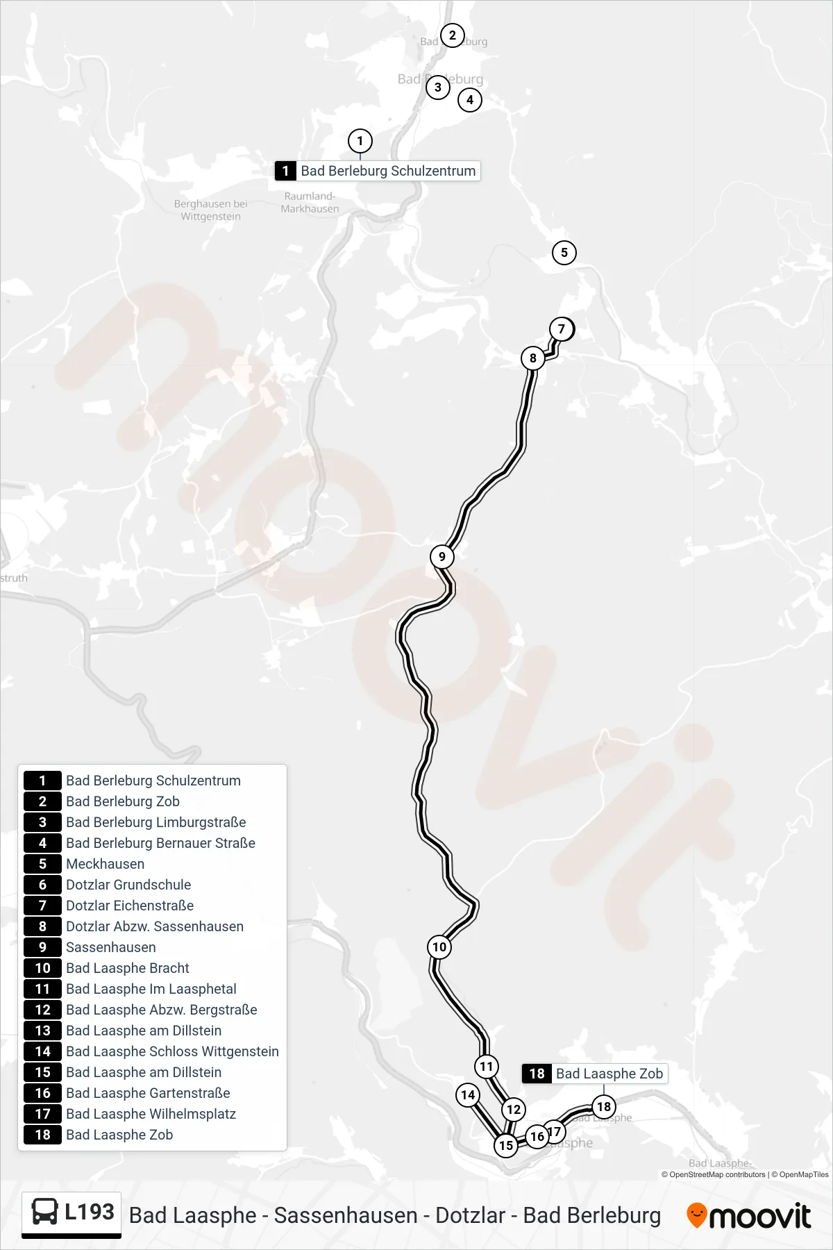 Linie L193 (Bus) Richtung Bad Laasphe Zob Bstg 5: Route und Haltestellen auf der Karte