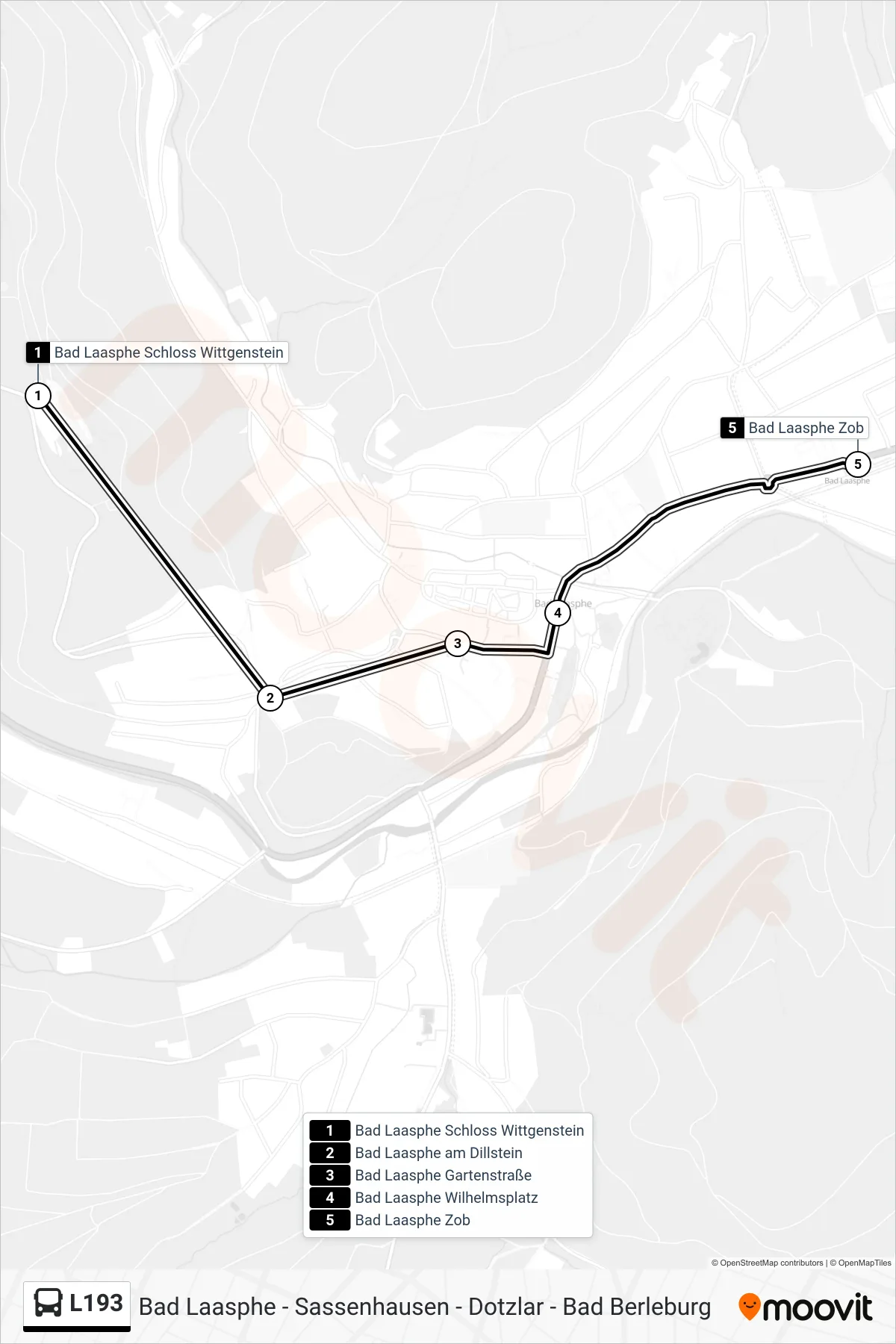 L193 bus Line (Bad Laasphe Zob Bstg 2) route and stops on a map