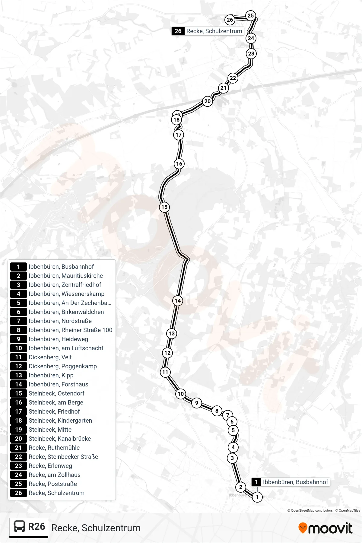 R26 bus Line (Recke, Schulzentrum) route and stops on a map