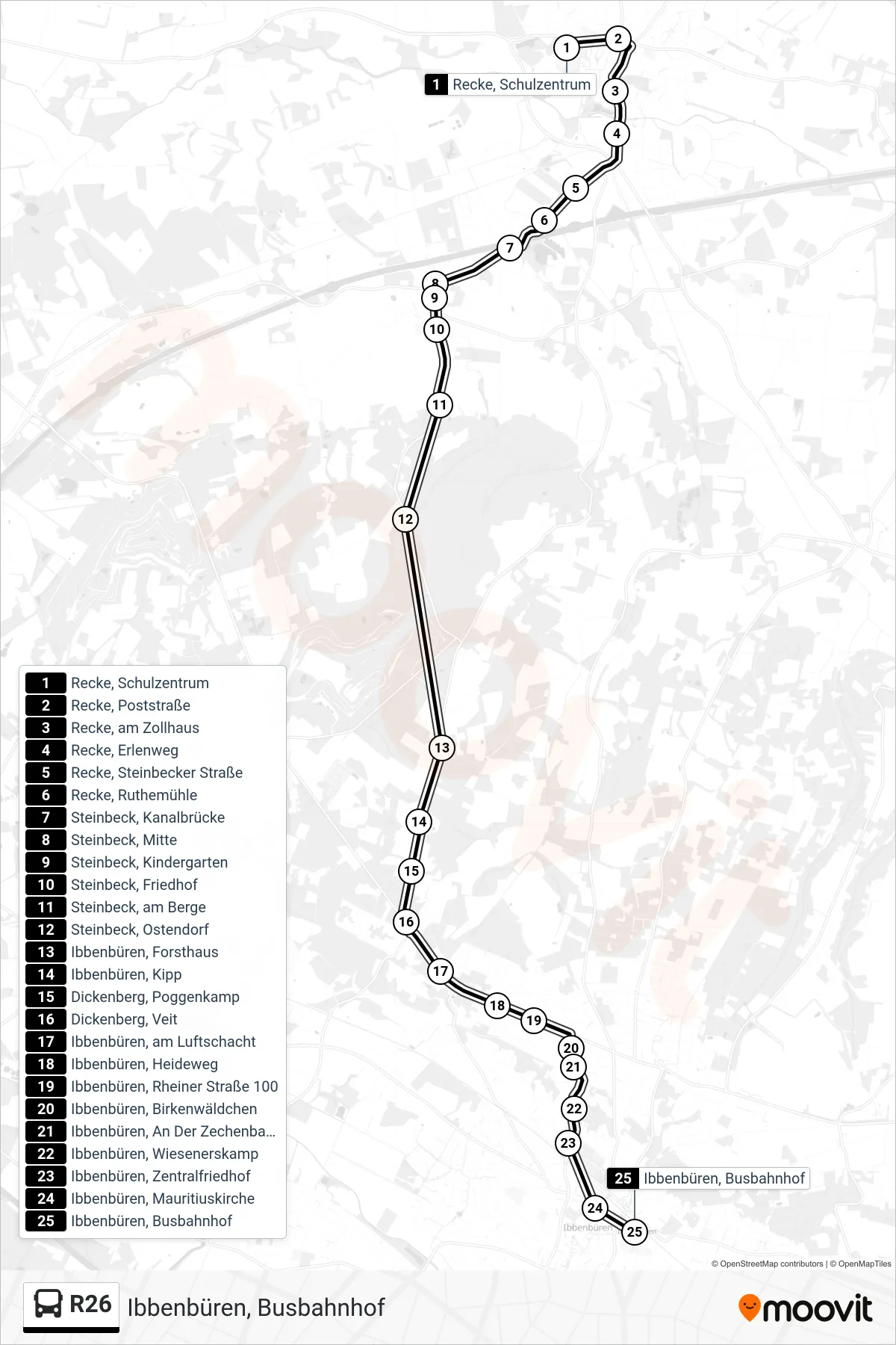 Linie R26 (Bus) Richtung Ibbenbüren, Busbahnhof: Route und Haltestellen auf der Karte