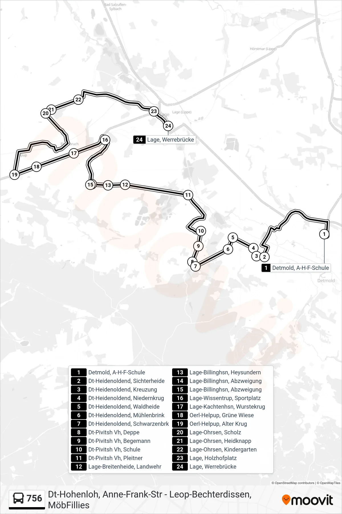756 bus Line (Lage, Werrebrücke) route and stops on a map
