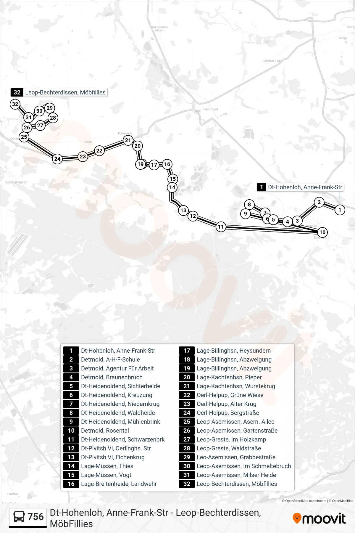 756 bus Line (Leop-Bechterdissen, Möbfillies) route and stops on a map