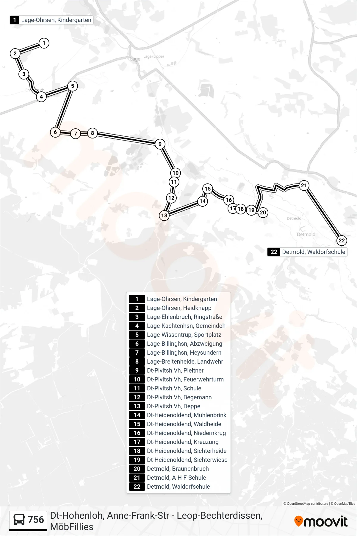 756 bus Line (Detmold, Waldorfschule) route and stops on a map