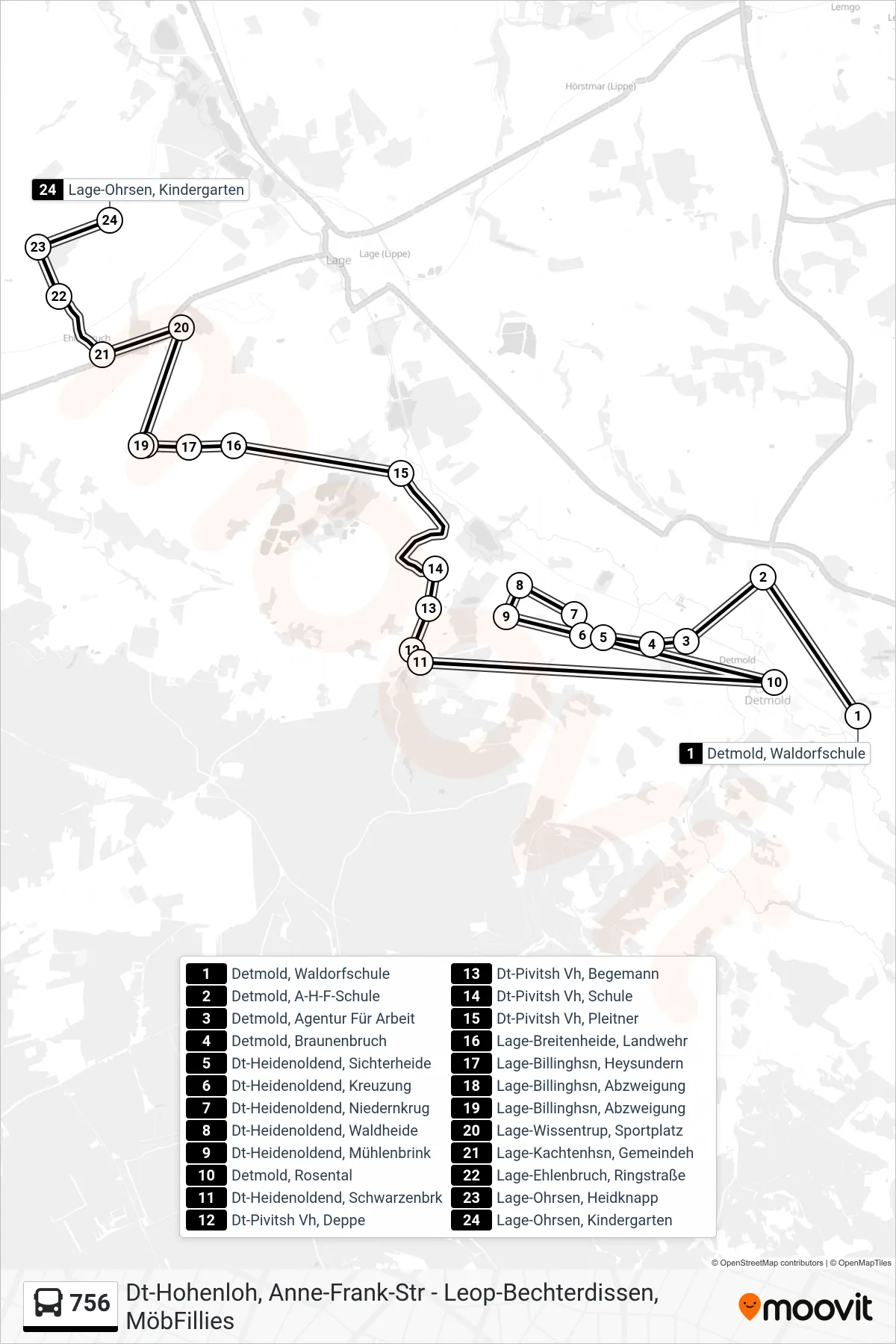 756 bus Line (Lage-Ohrsen, Kindergarten) route and stops on a map