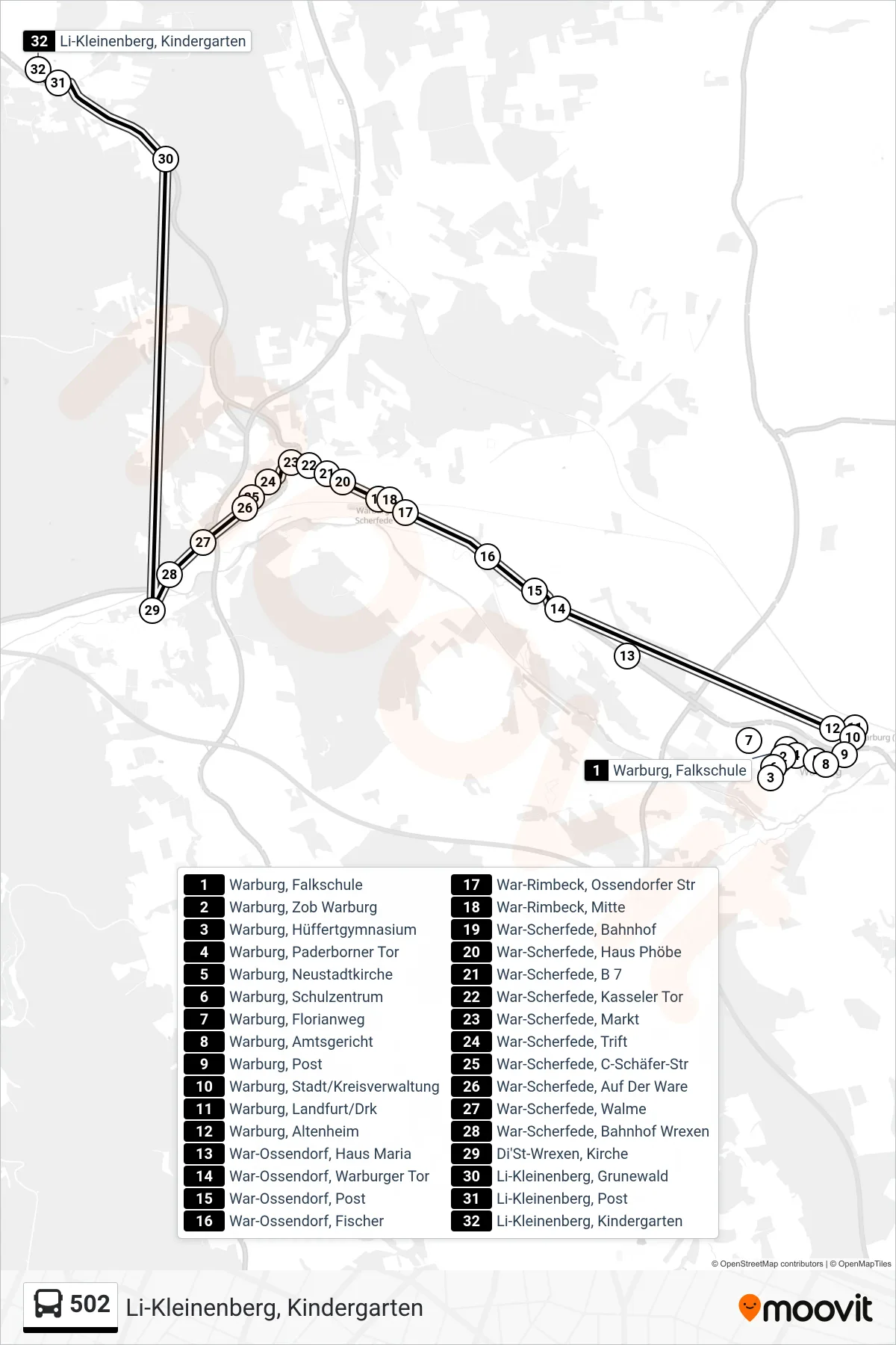 502 bus Line (Li-Kleinenberg, Kindergarten) route and stops on a map