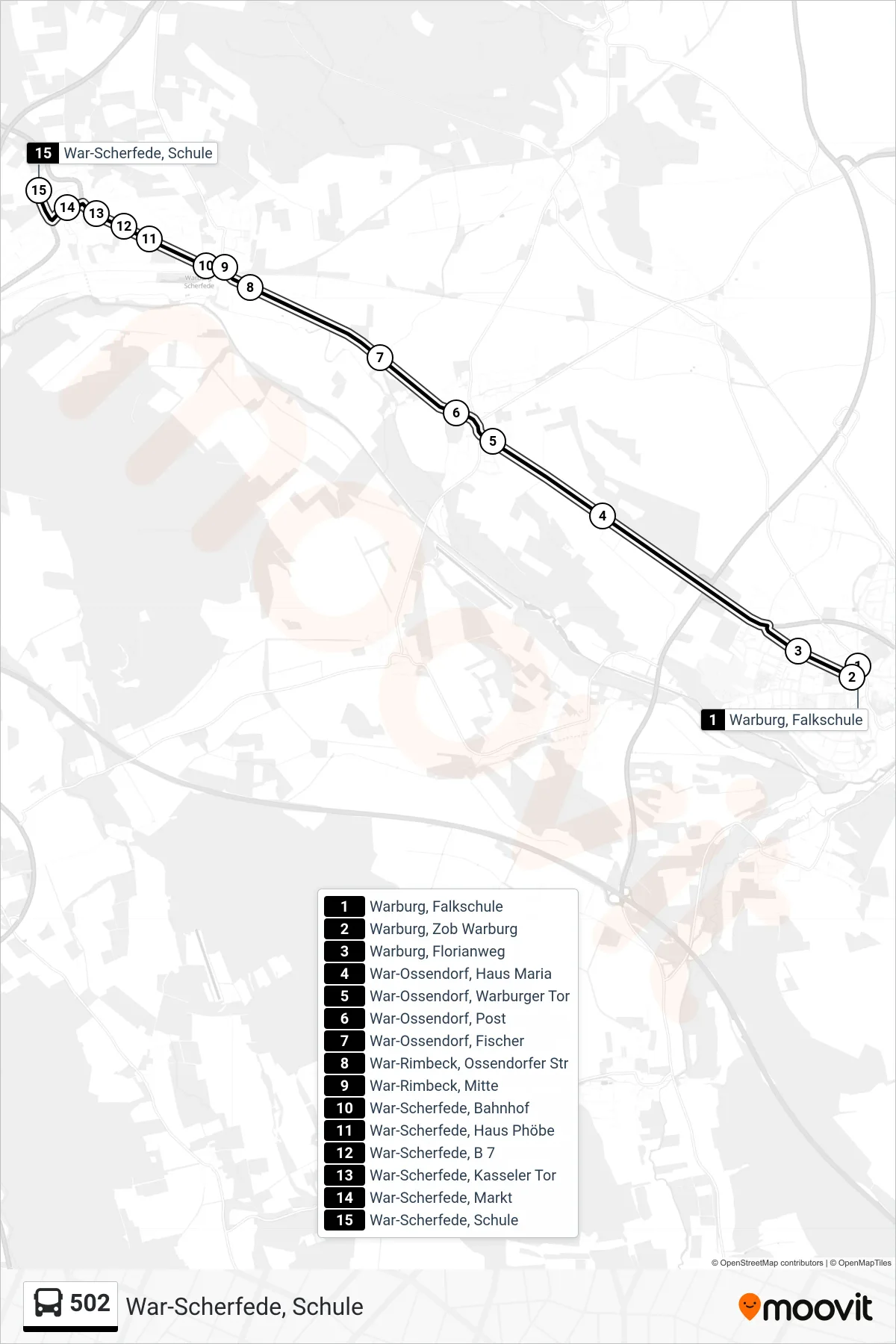502 bus Line (War-Scherfede, Schule) route and stops on a map