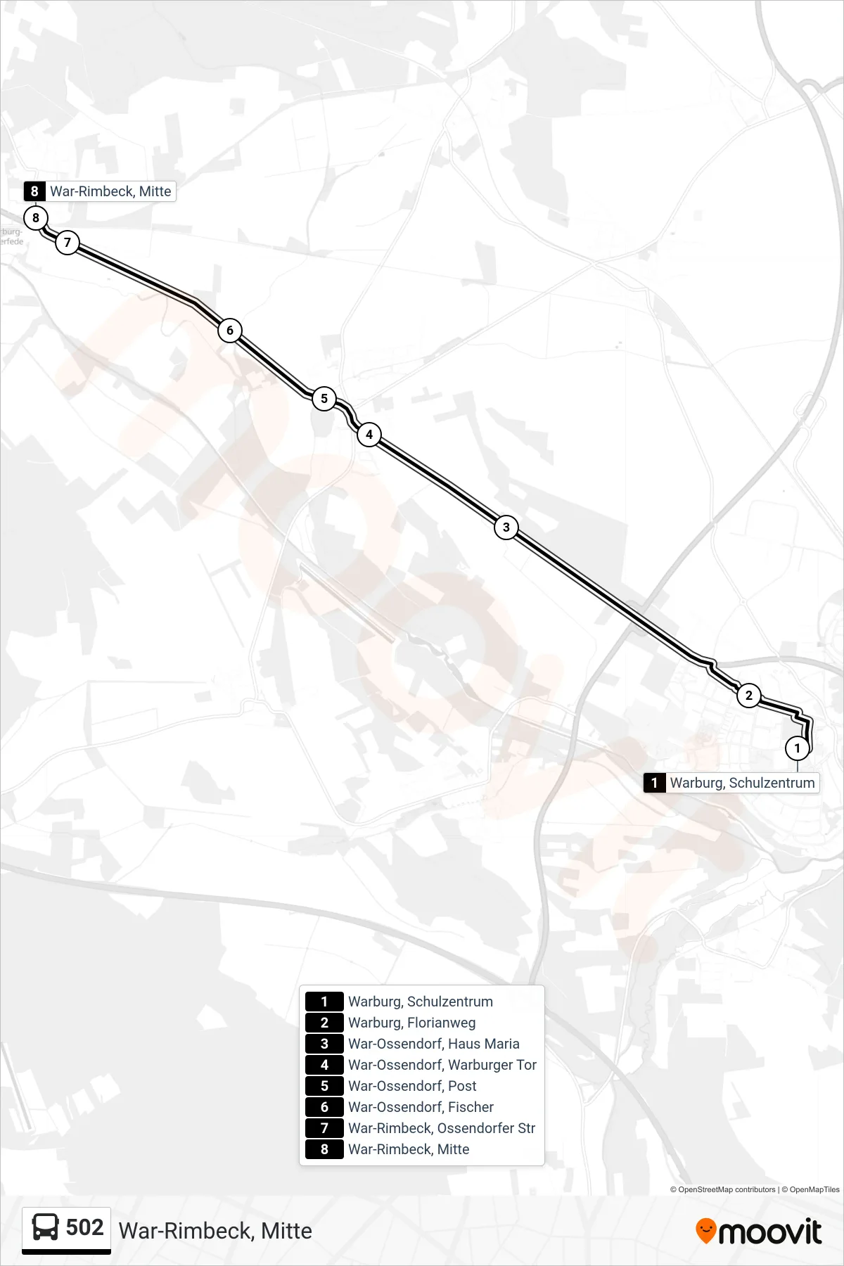 502 bus Line (War-Rimbeck, Mitte) route and stops on a map