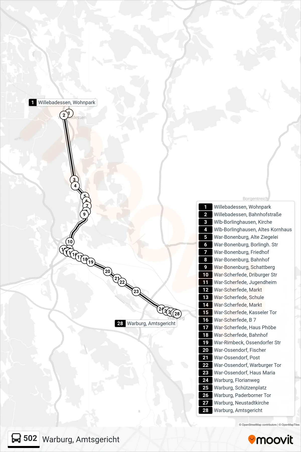 Linie 502 (Bus) Richtung Warburg, Amtsgericht: Route und Haltestellen auf der Karte