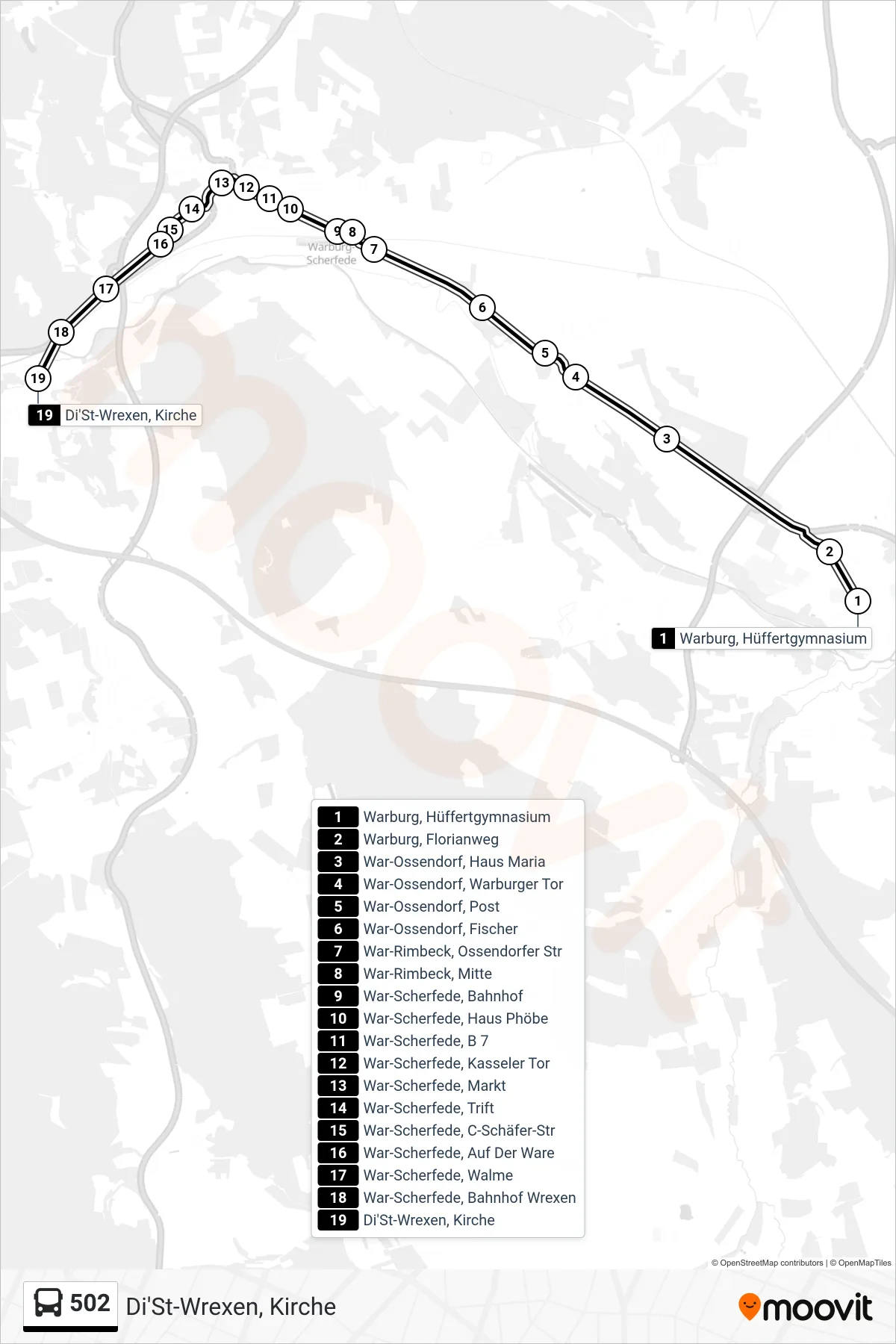 502 bus Line (Di'St-Wrexen, Kirche) route and stops on a map