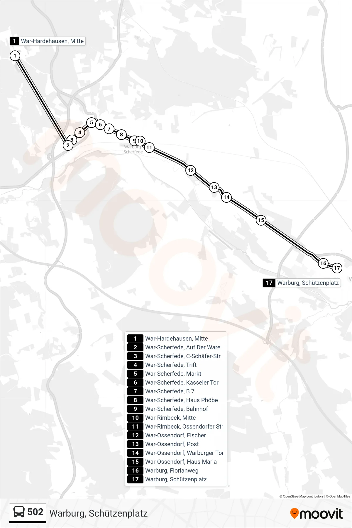 502 bus Line (Warburg, Schützenplatz) route and stops on a map