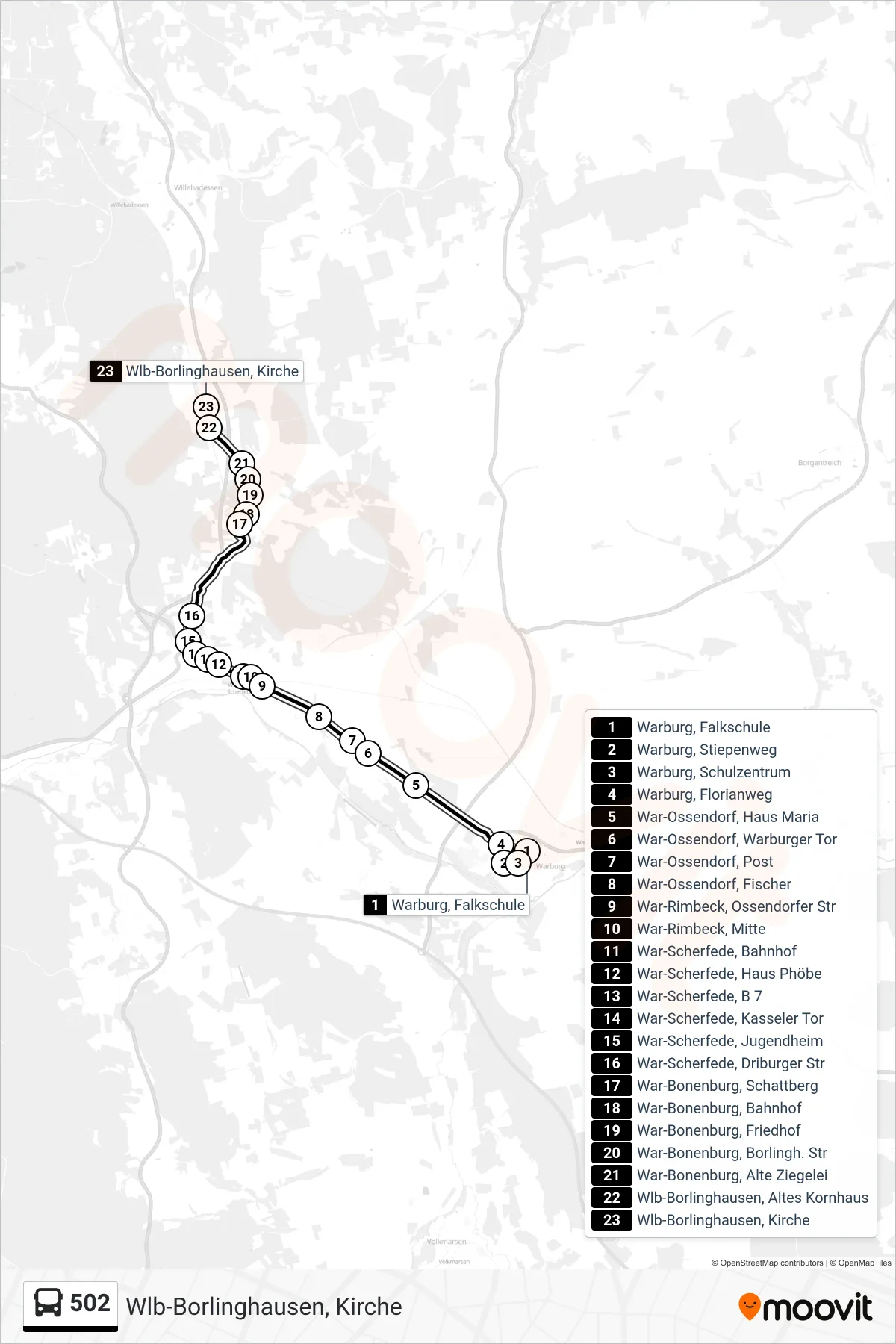 502 bus Line (Wlb-Borlinghausen, Kirche) route and stops on a map