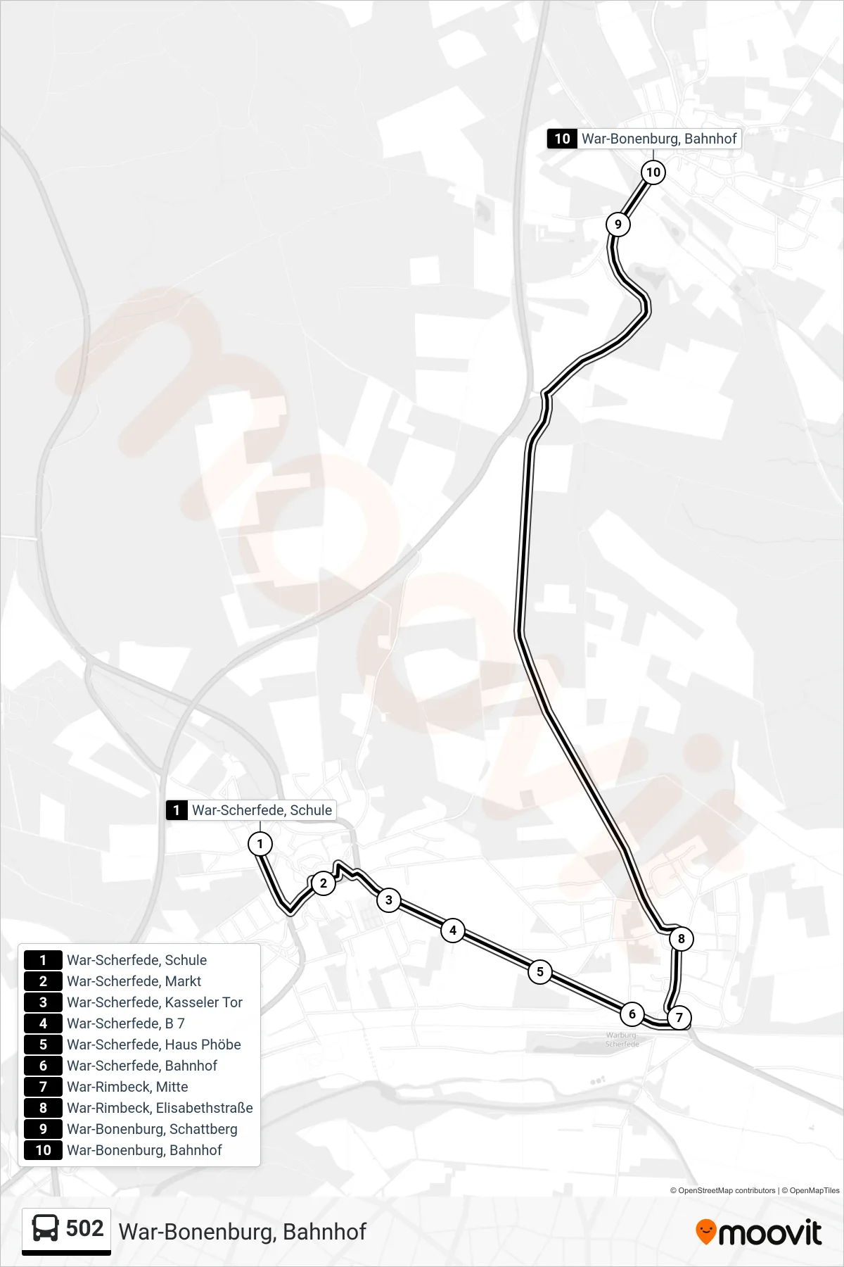 502 bus Line (War-Bonenburg, Bahnhof) route and stops on a map