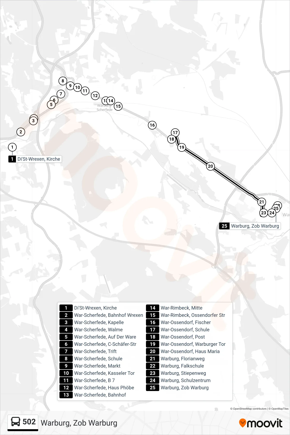 502 bus Line (Warburg, Zob Warburg) route and stops on a map