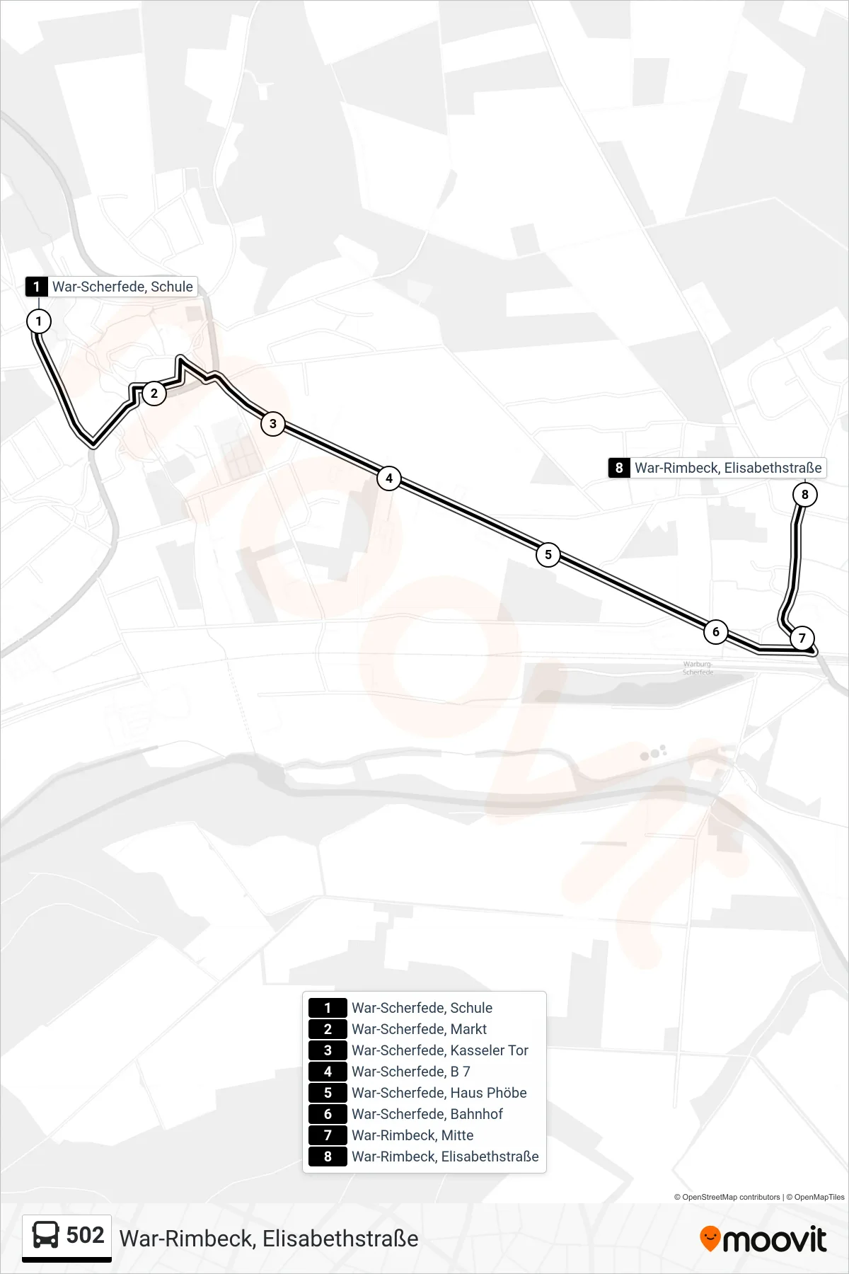 502 bus Line (War-Rimbeck, Elisabethstraße) route and stops on a map