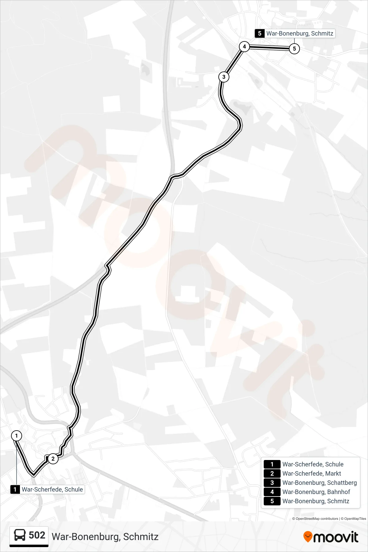 502 bus Line (War-Bonenburg, Schmitz) route and stops on a map