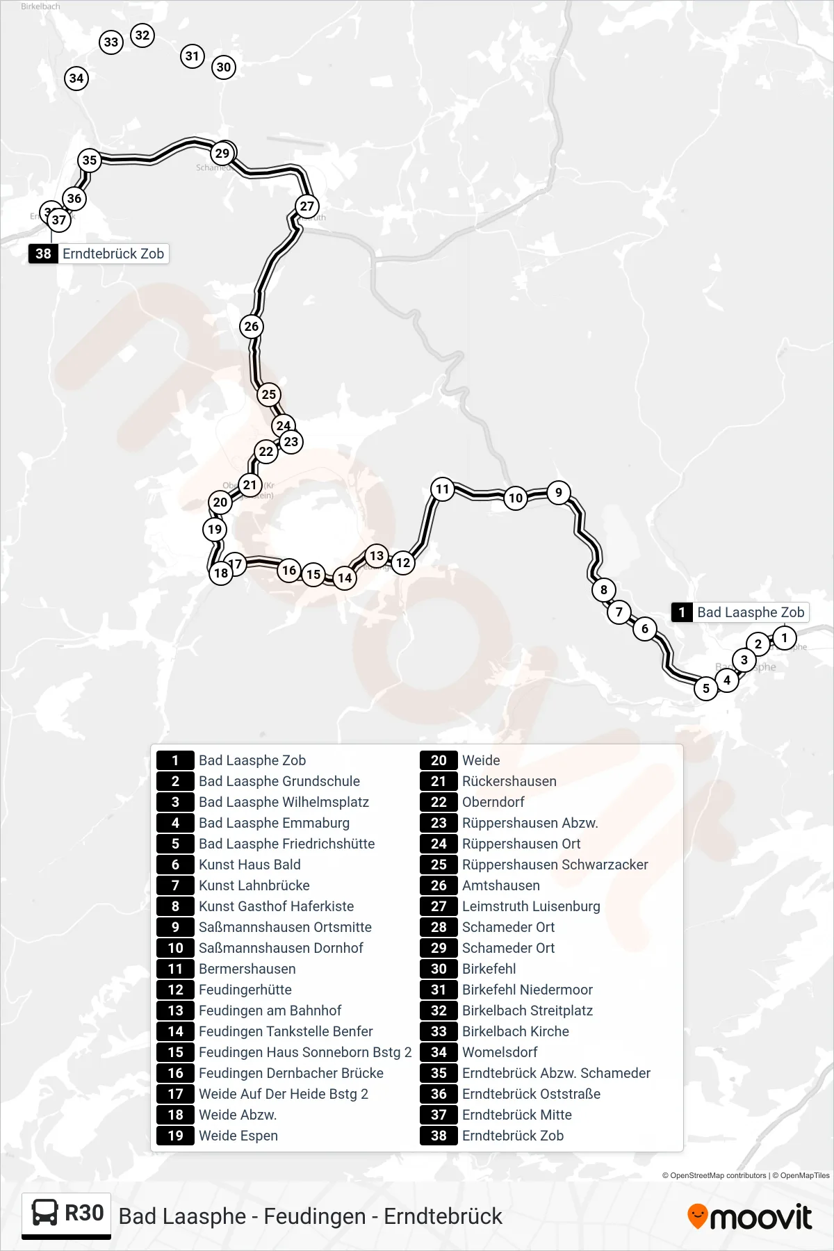 Linie R30 (Bus) Richtung Erndtebrück Zob: Route und Haltestellen auf der Karte