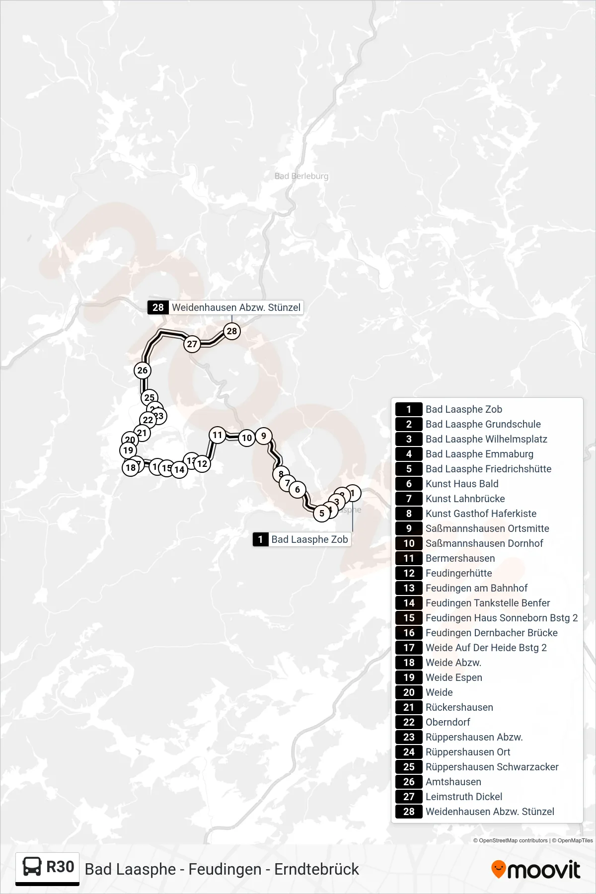 Linie R30 (Bus) Richtung Weidenhausen Abzw. Stünzel: Route und Haltestellen auf der Karte