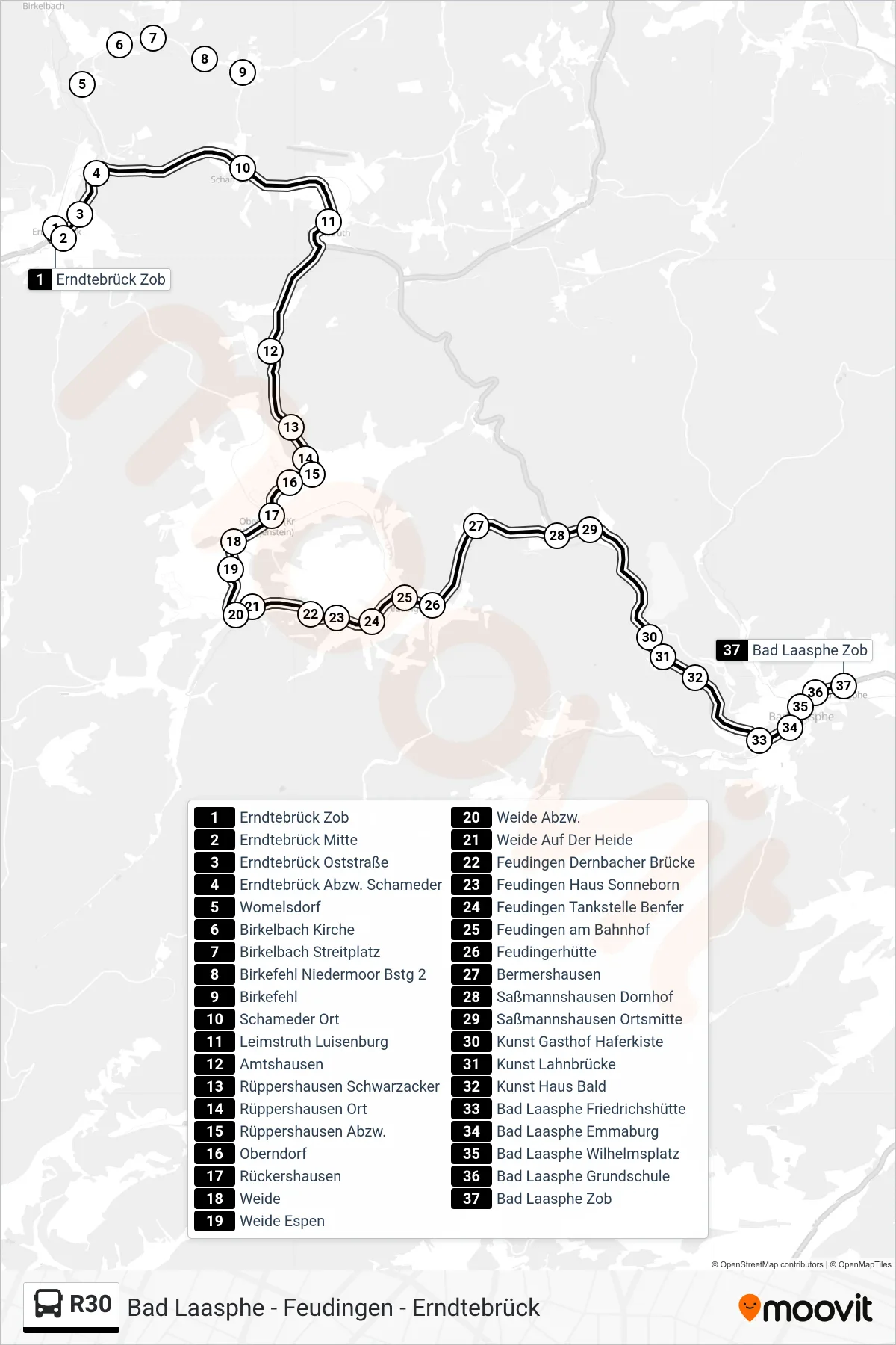 Linie R30 (Bus) Richtung Bad Laasphe Zob Bstg 3: Route und Haltestellen auf der Karte