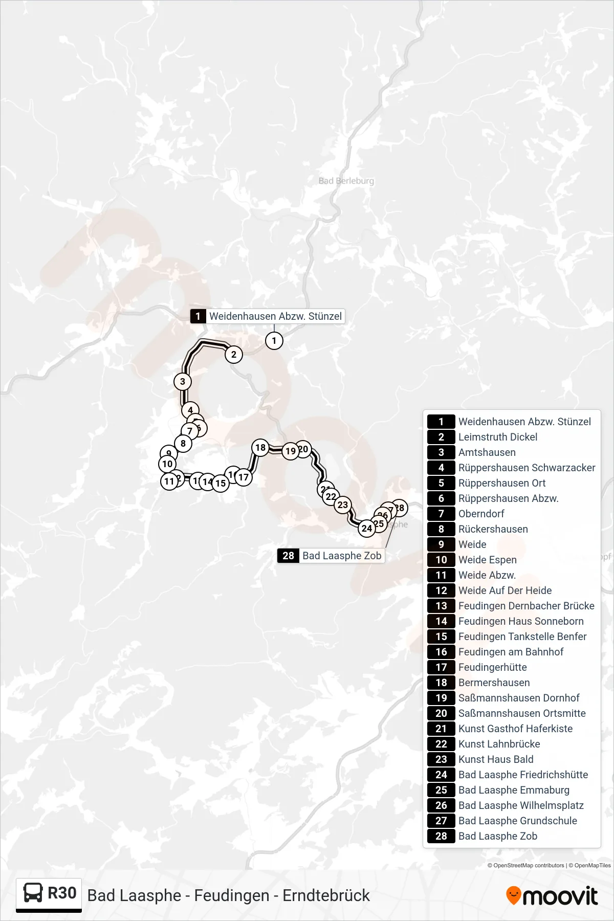 R30 bus Line (Bad Laasphe Zob Bstg 5) route and stops on a map