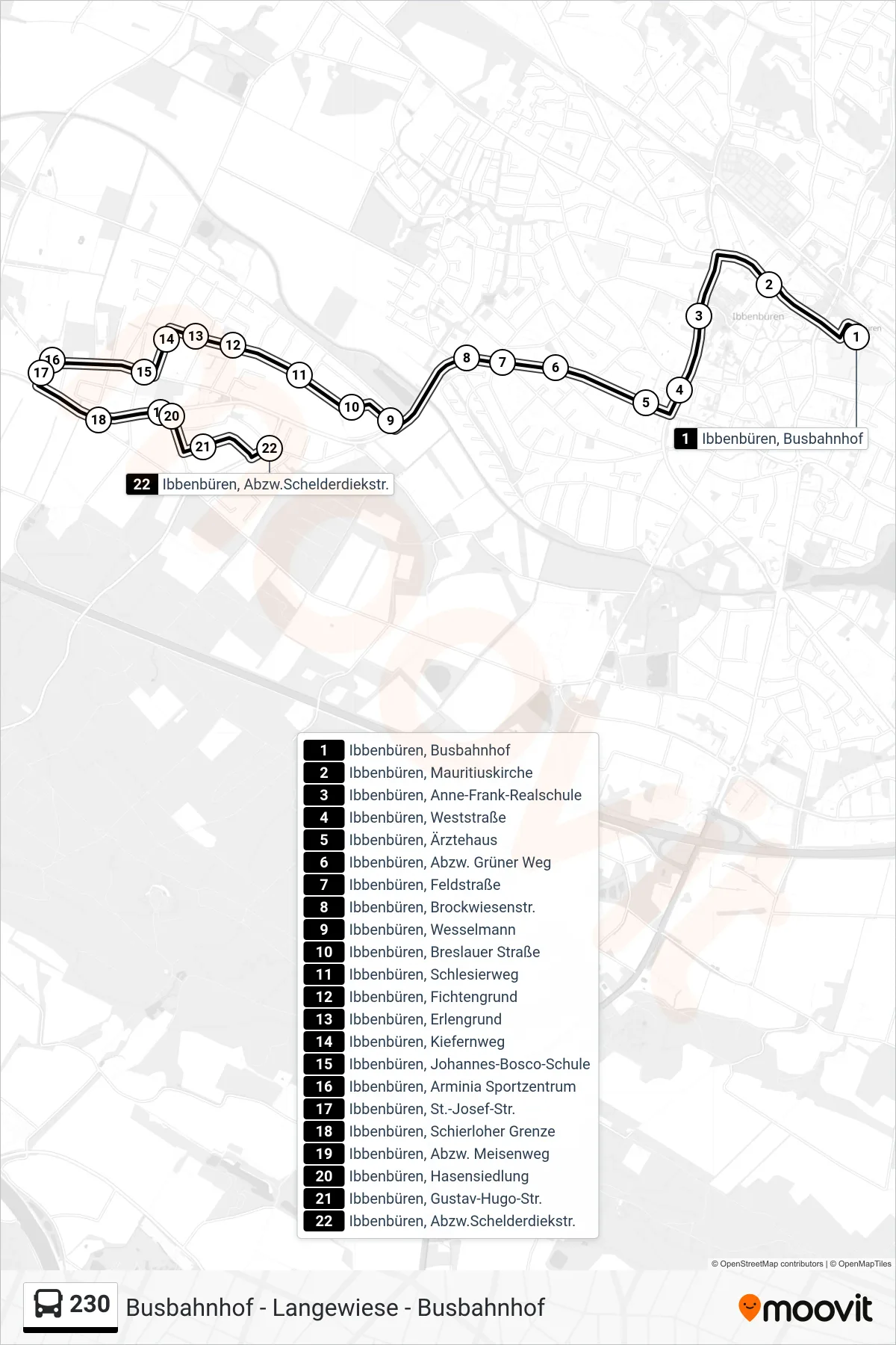 Linie 230 (Bus) Richtung Ibbenbüren, Abzw.Schelderdiekstr.: Route und Haltestellen auf der Karte
