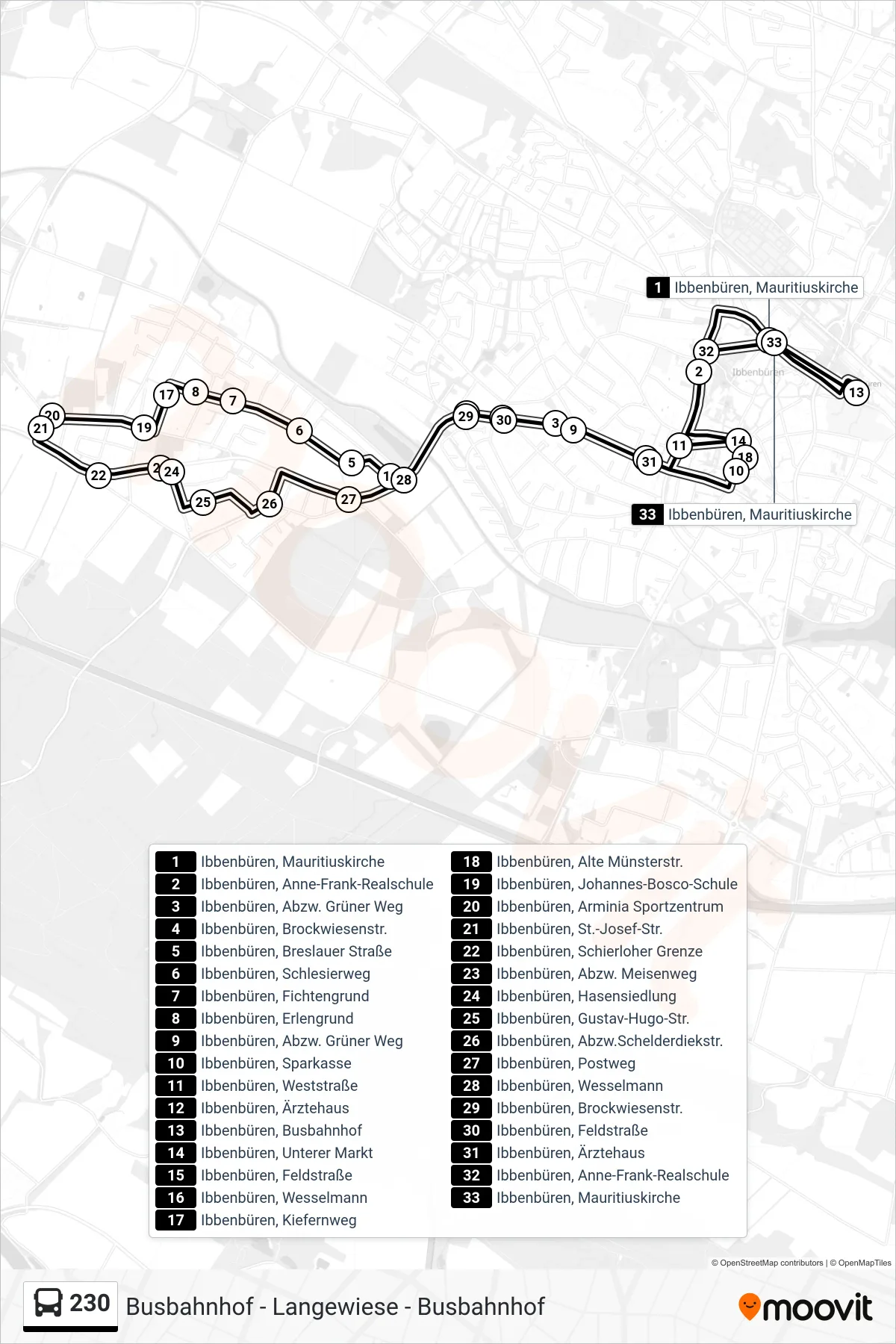 230 bus Line (Ibbenbüren, Busbahnhof) route and stops on a map