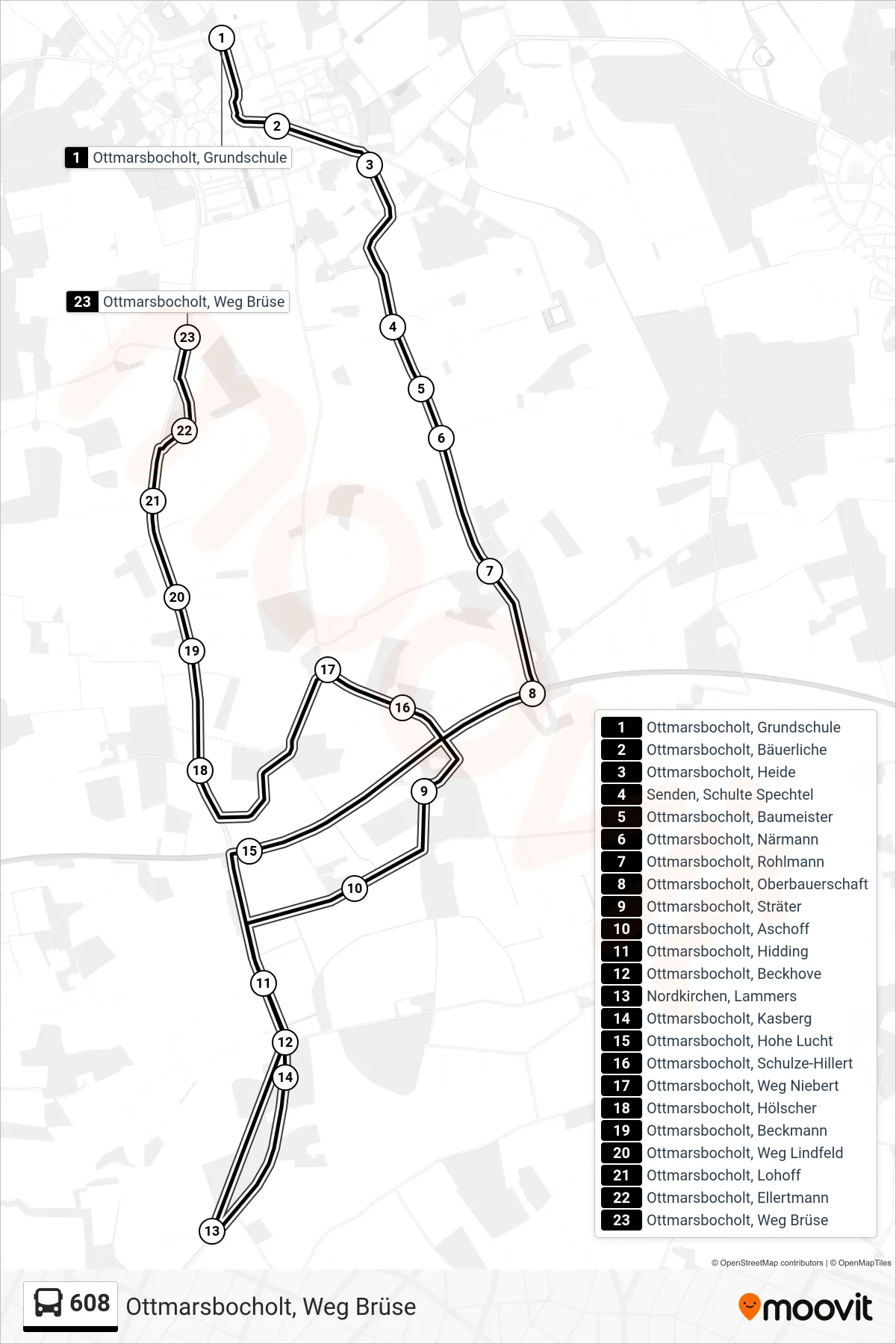 608 bus Line (Ottmarsbocholt, Weg Brüse) route and stops on a map