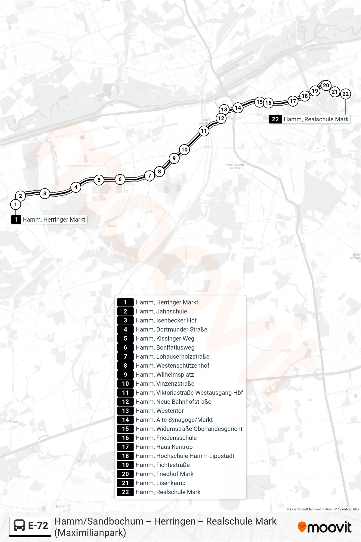 Linie E-72 (Bus) Richtung Hamm, Realschule Mark: Route und Haltestellen auf der Karte