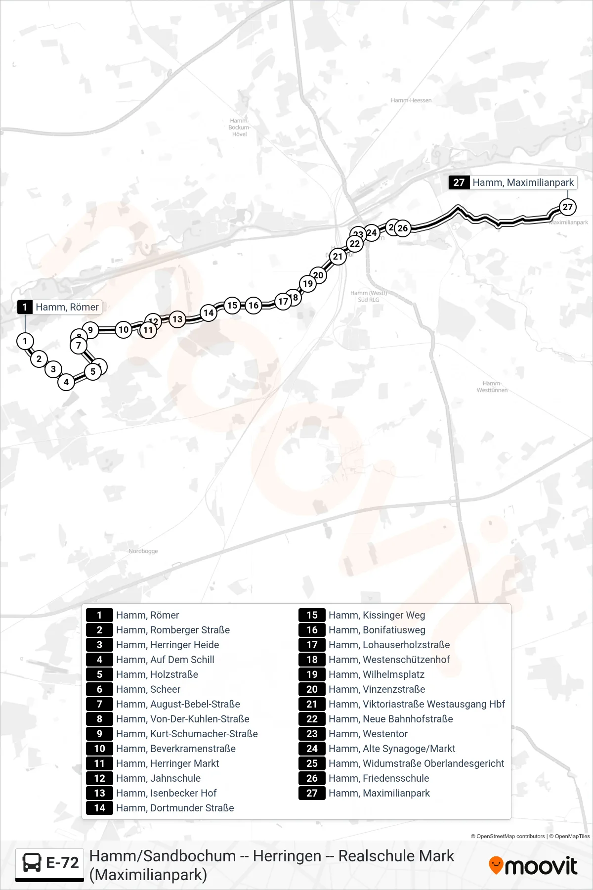 Linie E-72 (Bus) Richtung Hamm, Maximilianpark: Route und Haltestellen auf der Karte