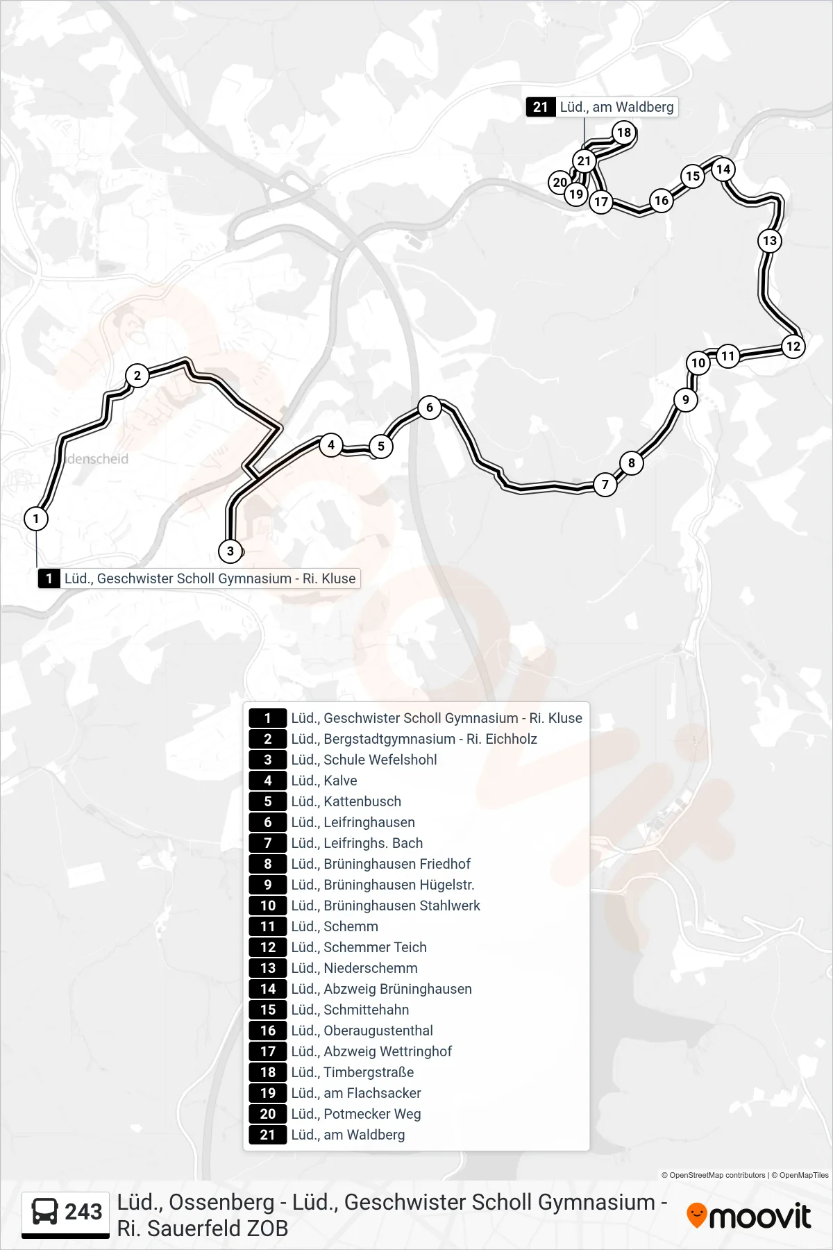 243 bus Line (Lüd., am Waldberg) route and stops on a map