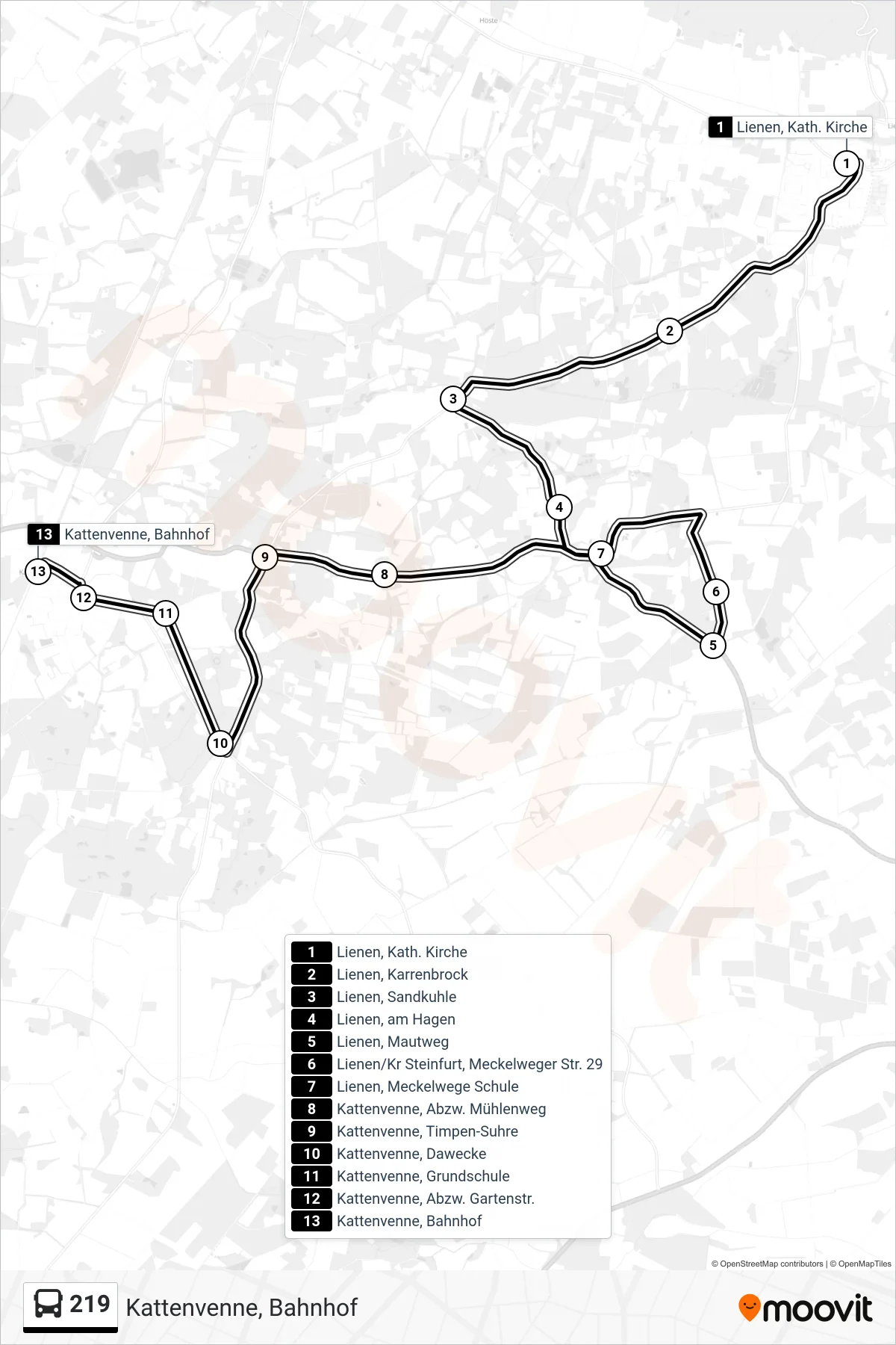 Linie 219 (Bus) Richtung Kattenvenne, Bahnhof: Route und Haltestellen auf der Karte