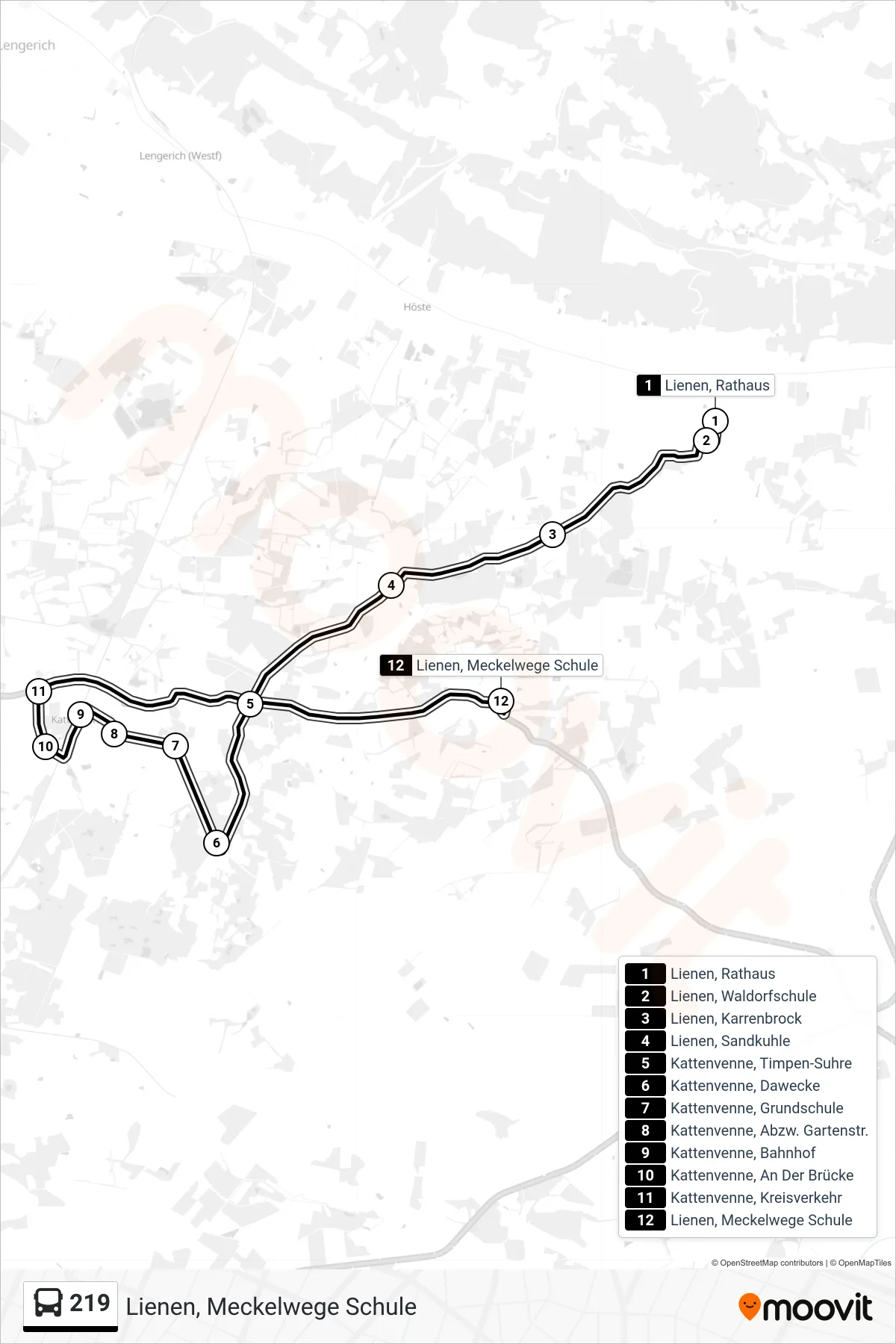 219 bus Line (Lienen, Meckelwege Schule) route and stops on a map