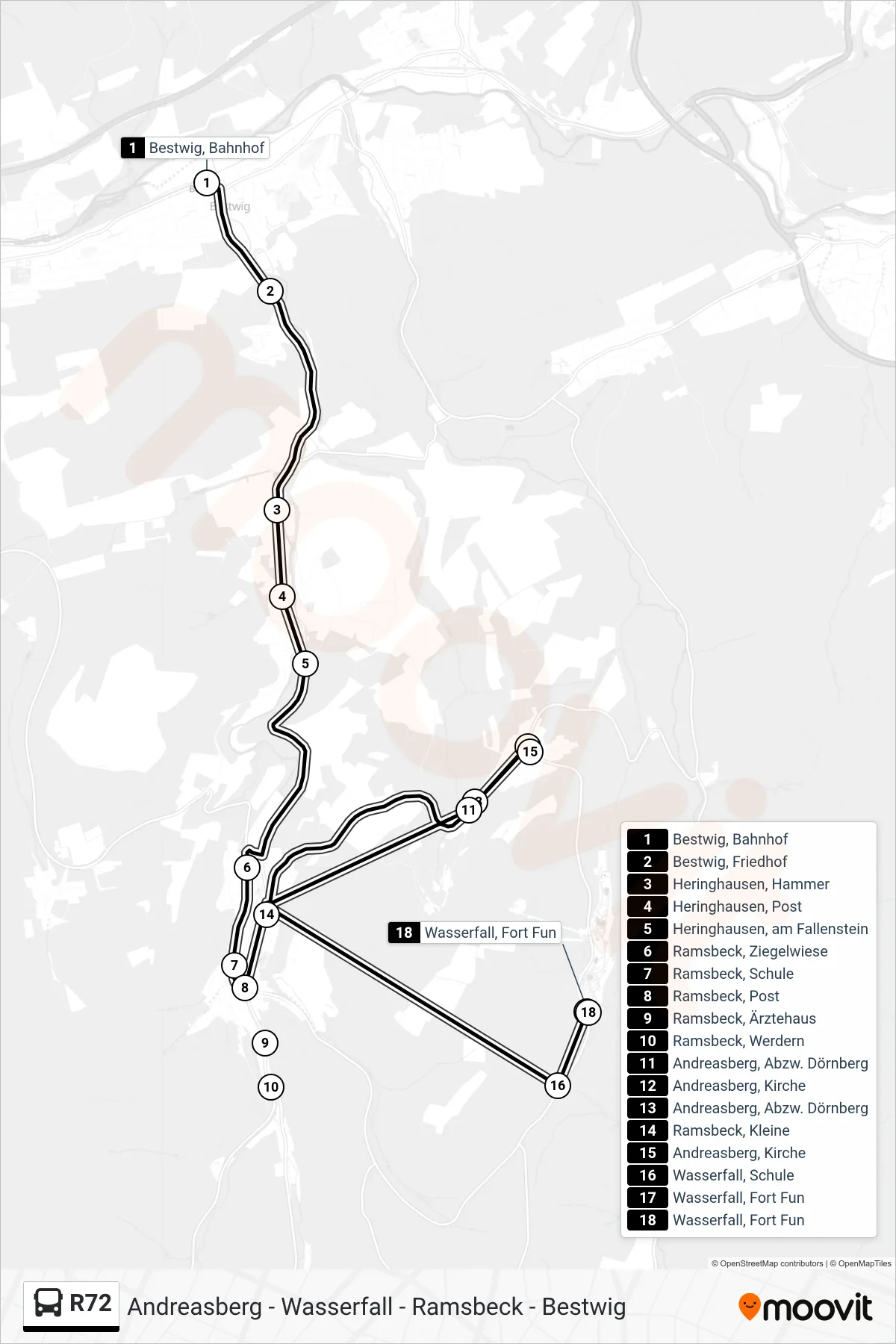 R72 bus Line (Fort Fun) route and stops on a map