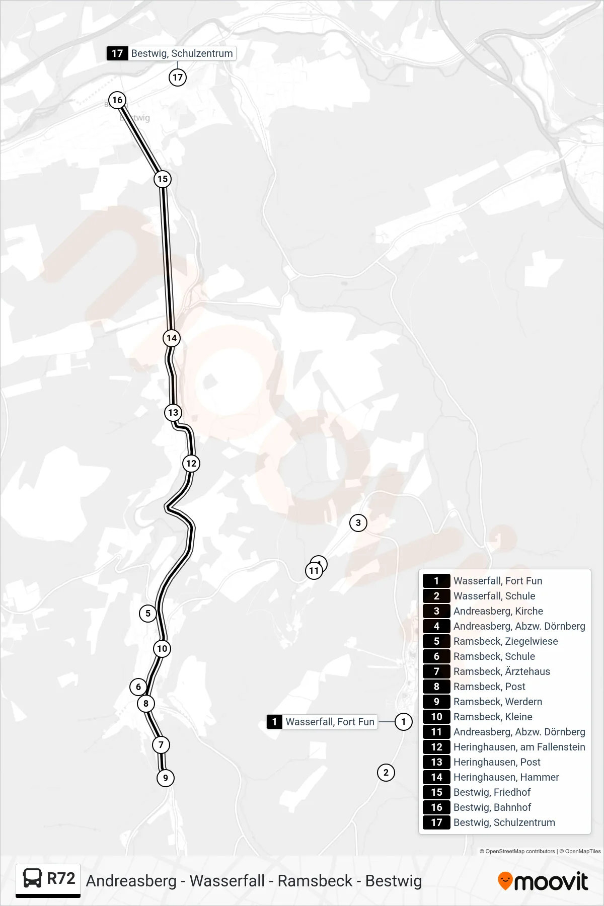 R72 bus Line (Bestwig) route and stops on a map