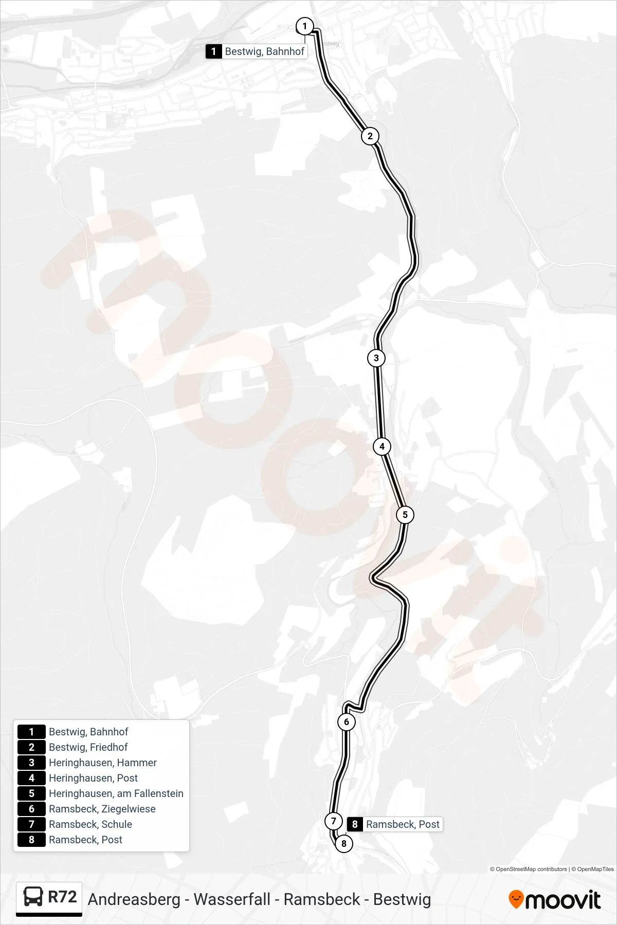 Linie R72 (Bus) Richtung Ramsbeck: Route und Haltestellen auf der Karte