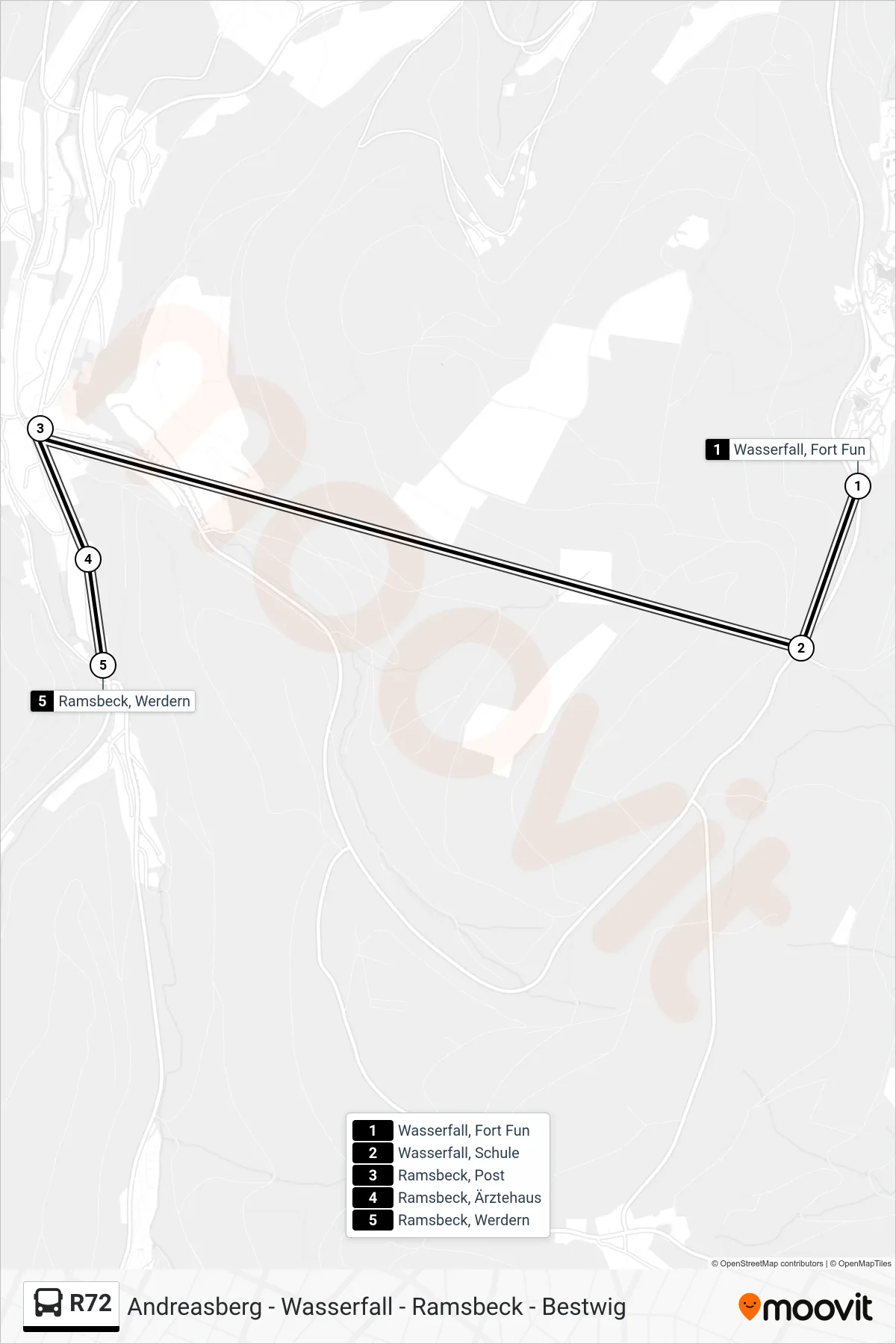 R72 bus Line (Ramsbeck) route and stops on a map