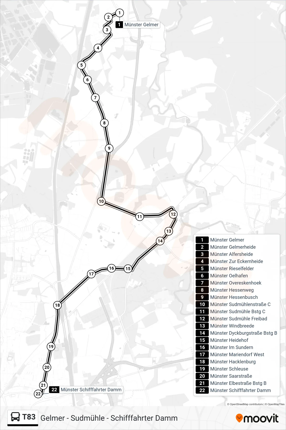 T83 bus Line (Taxibus) route and stops on a map