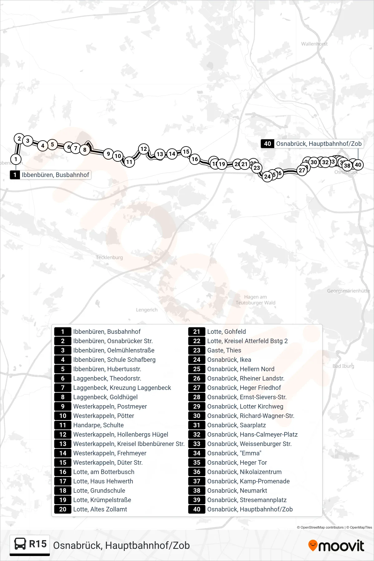 Linie R15 (Bus) Richtung Osnabrück, Hauptbahnhof/Zob: Route und Haltestellen auf der Karte