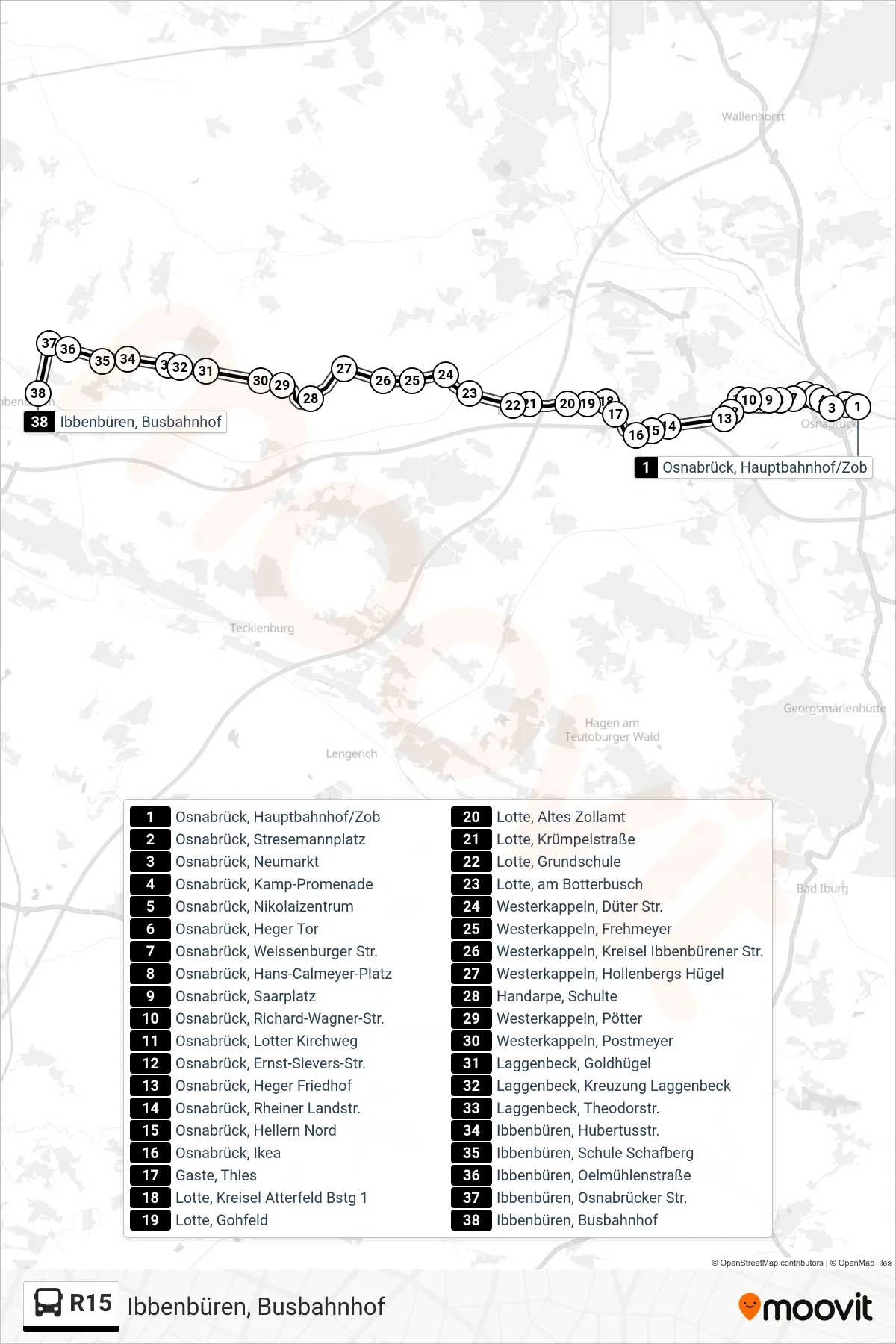 R15 bus Line (Ibbenbüren, Busbahnhof) route and stops on a map