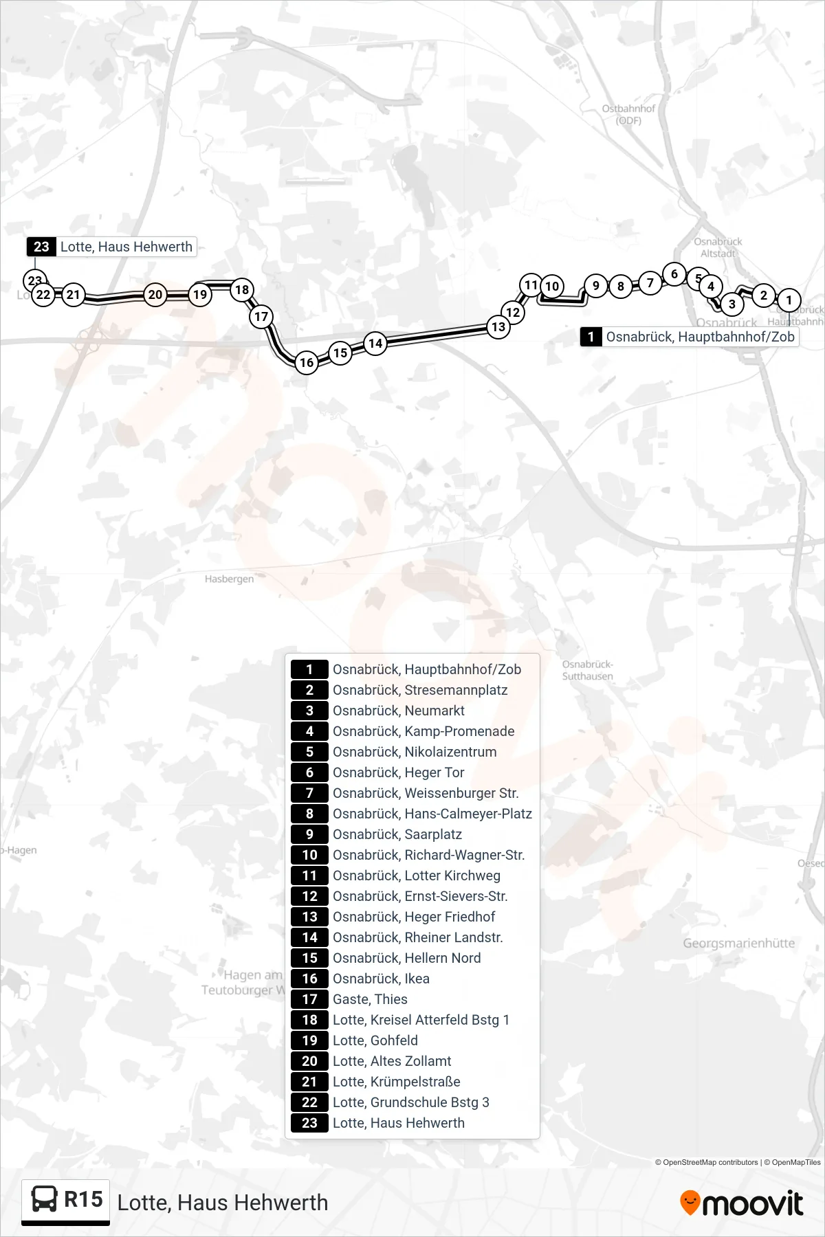 R15 bus Line (Lotte, Haus Hehwerth) route and stops on a map