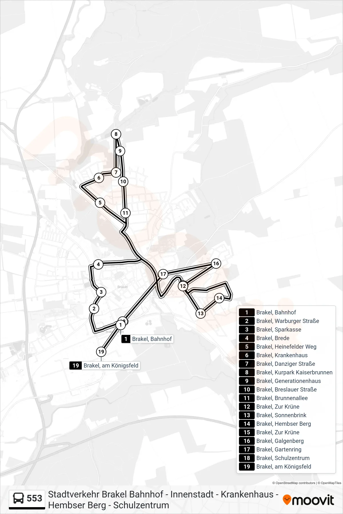 Linie 553 (Bus) Richtung Brakel, am Königsfeld: Route und Haltestellen auf der Karte