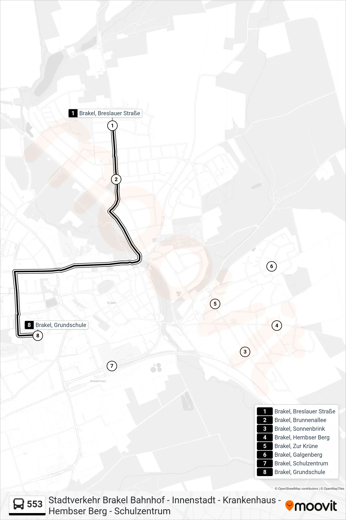 Linie 553 (Bus) Richtung Brakel, Grundschule: Route und Haltestellen auf der Karte