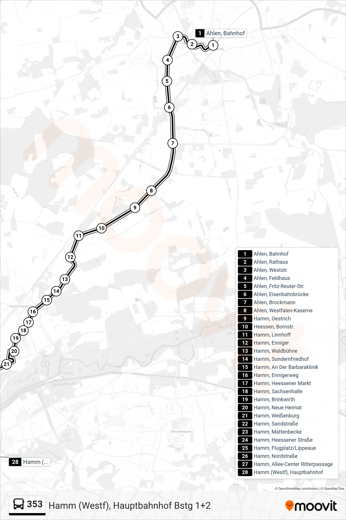 Linie 353 (Bus) Richtung Hamm (Westf), Hauptbahnhof Bstg 1+2: Route und Haltestellen auf der Karte