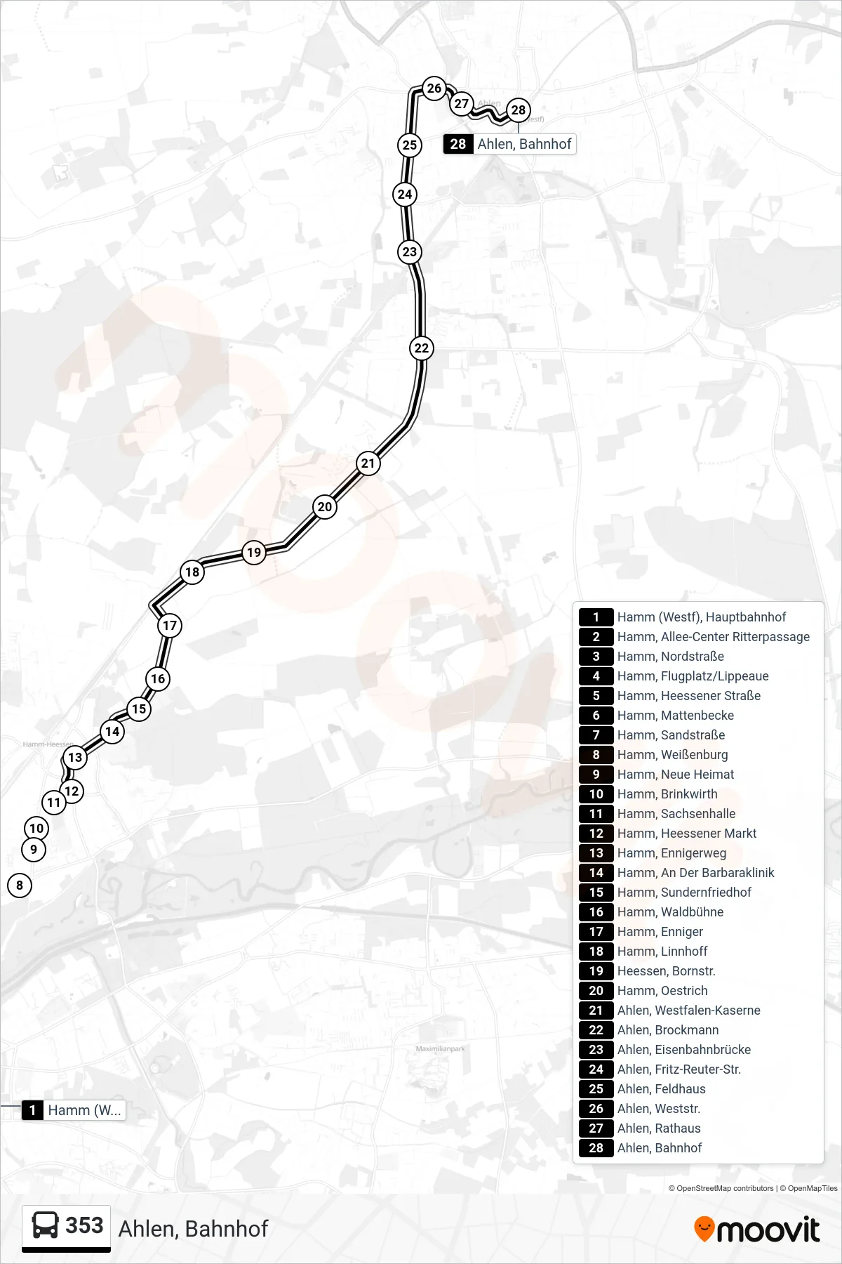 353 bus Line (Ahlen, Bahnhof) route and stops on a map