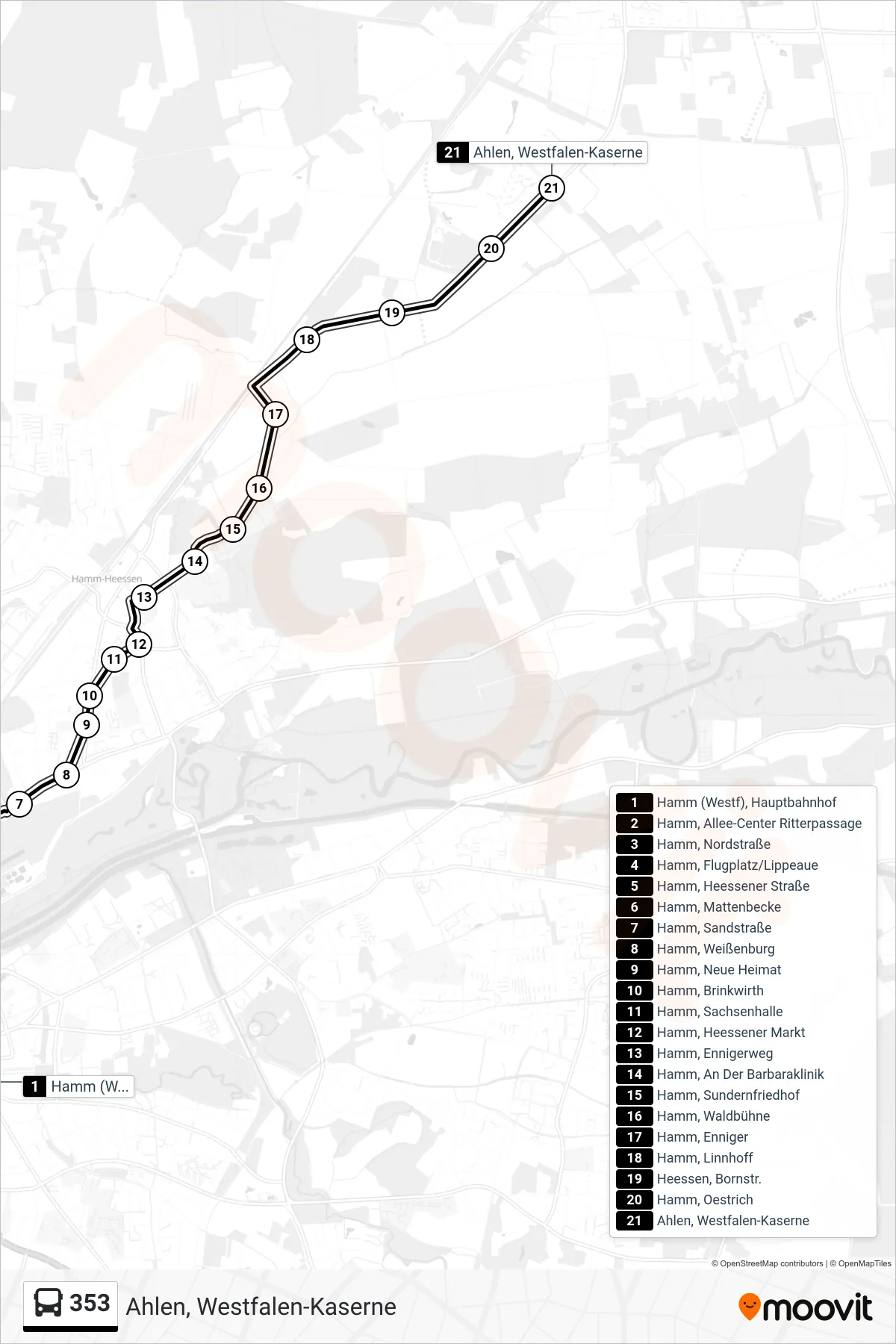 353 bus Line (Ahlen, Westfalen-Kaserne) route and stops on a map