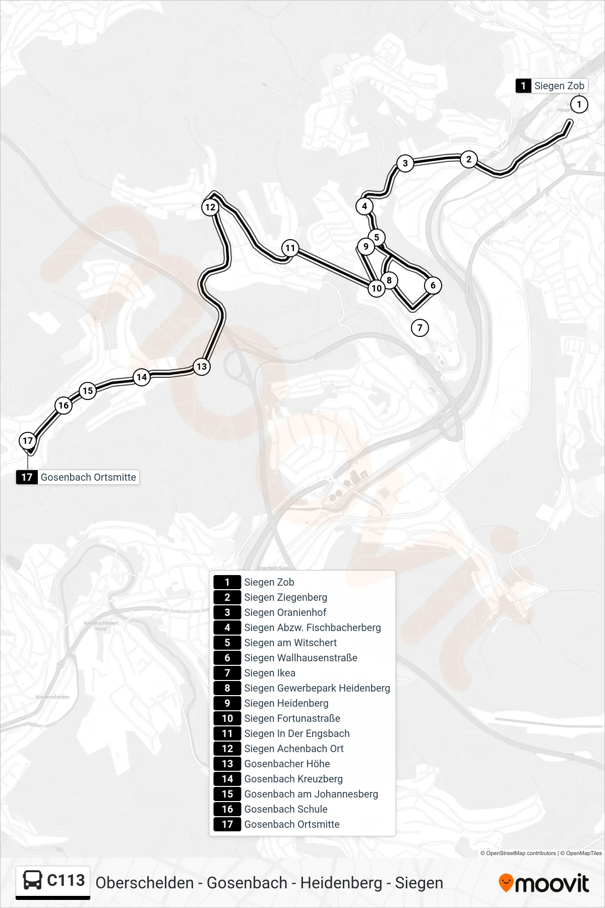 C113 bus Line (Gosenbach Ortsmitte) route and stops on a map